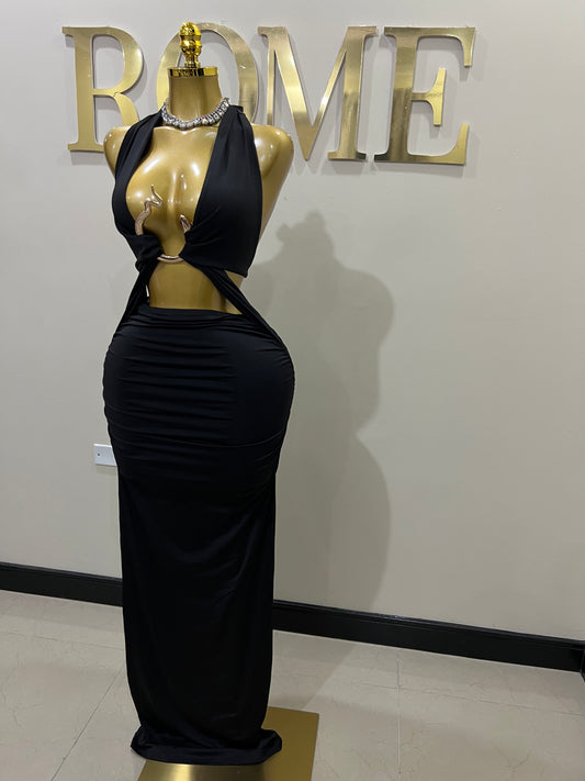 Snake Ming Deep V Dress (Black)