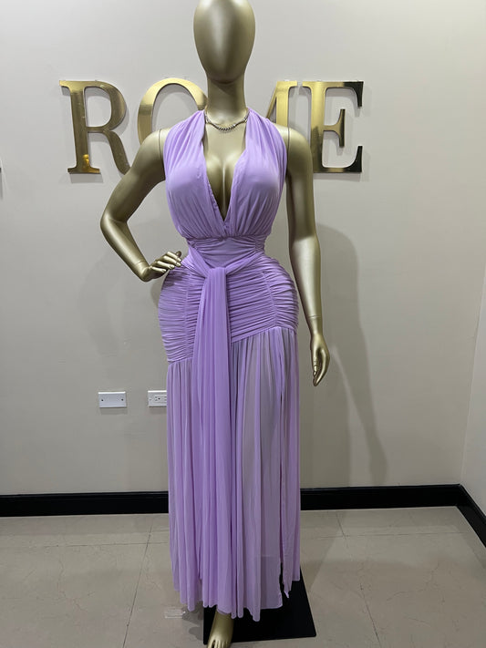 Michelle Grace Deep V Tie Split Dress (Lilac)