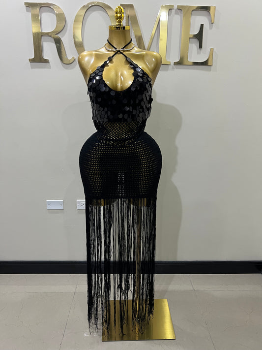 Destiny Sequin Crochet Fringe Dress (Black)