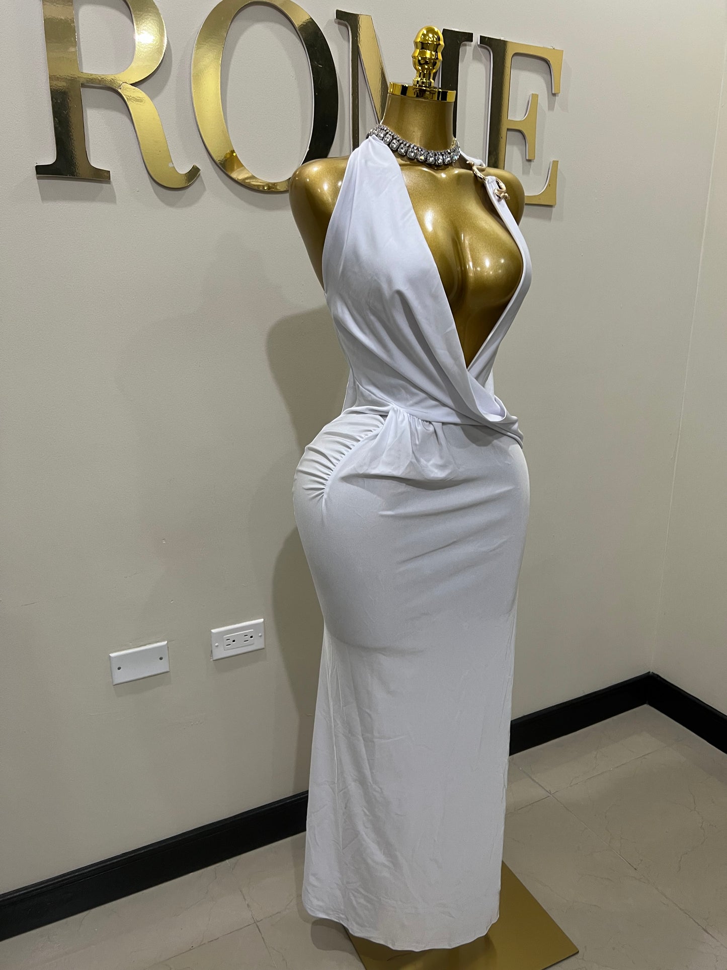 Snake Deep V Rouched Dress (White)