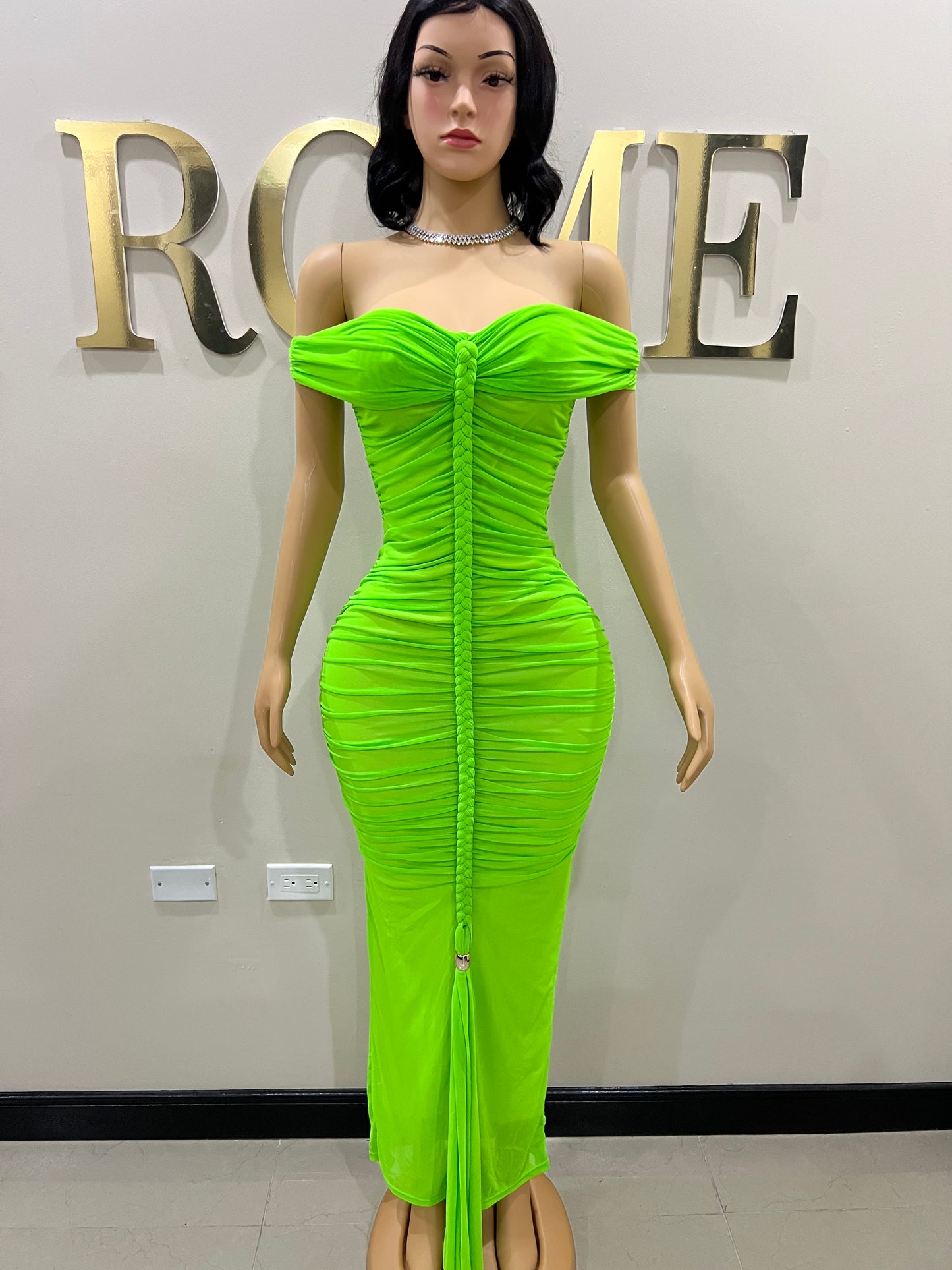 Sophie Off Shoulder Braided Dress (Green)