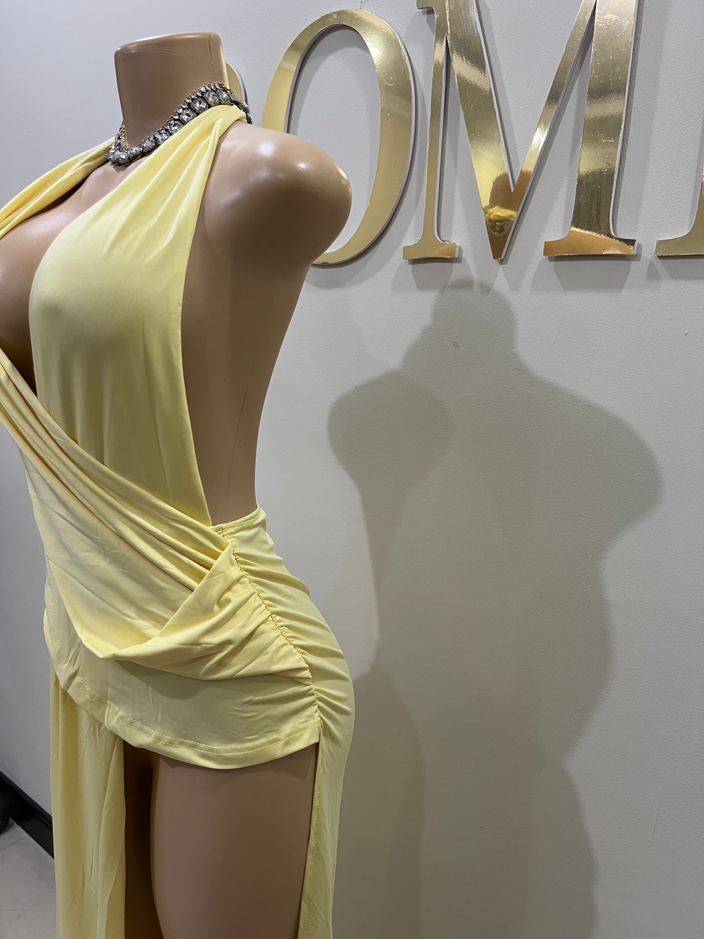 Deep V Rouched Dress (Yellow)