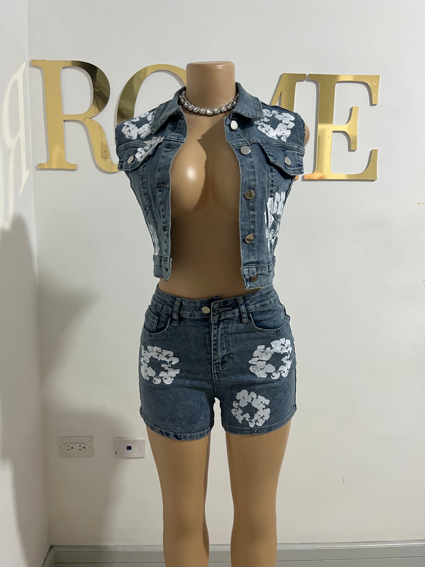 Hibiscus Denim Shorts Set (Blue)