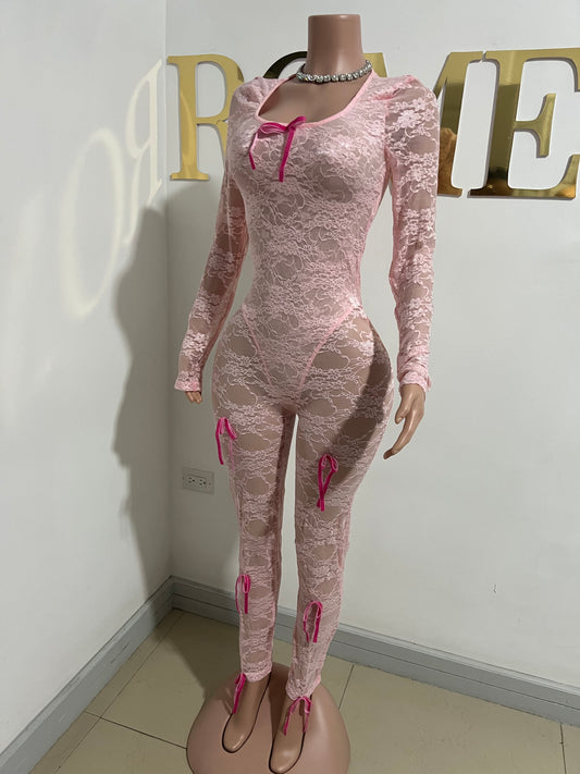 Lacey Bow Mesh Tights Jumpsuit (Pink)