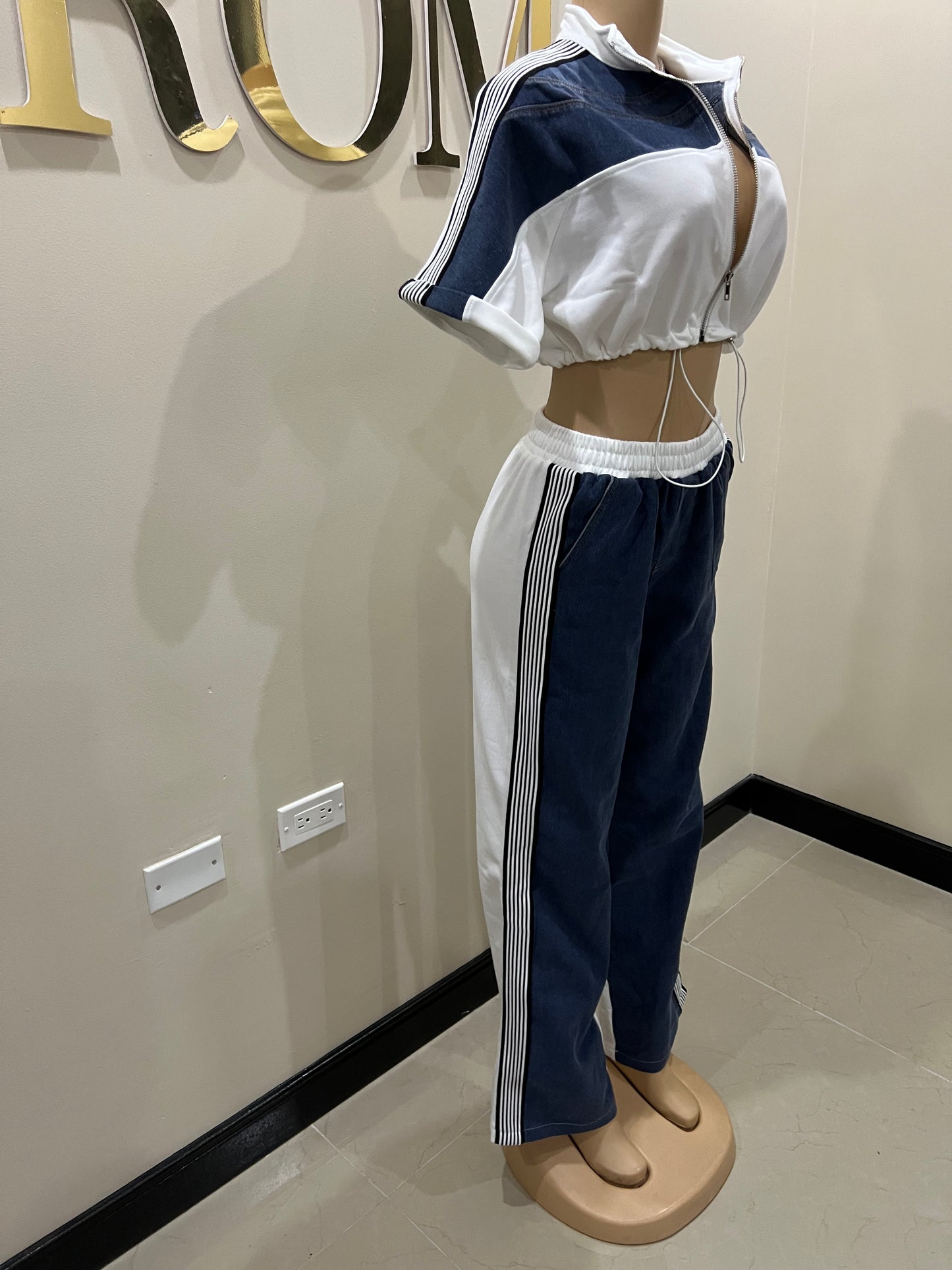 Cleo Side Stripe Denim Pants Set (White)