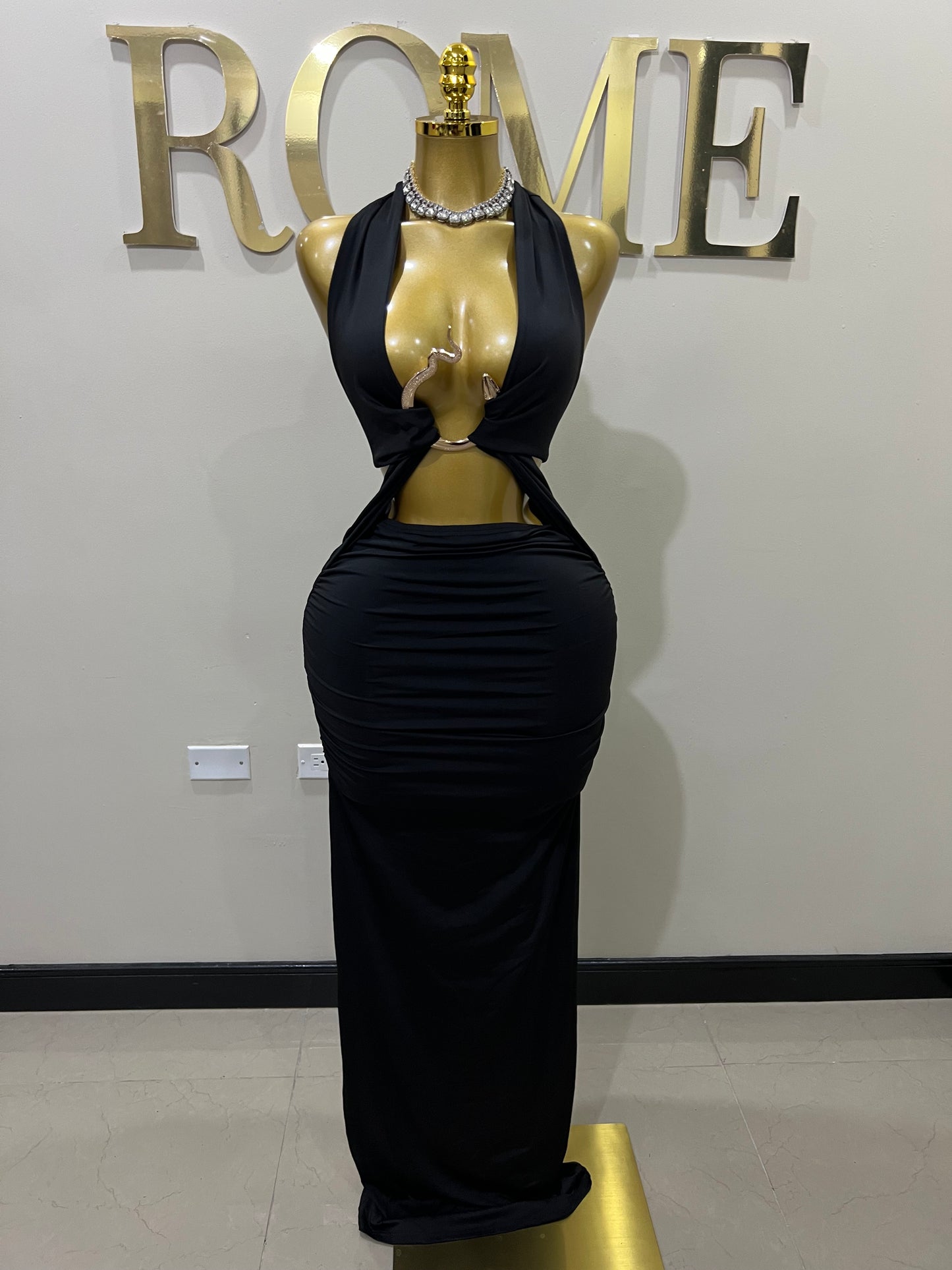 Snake Ming Deep V Dress (Black)