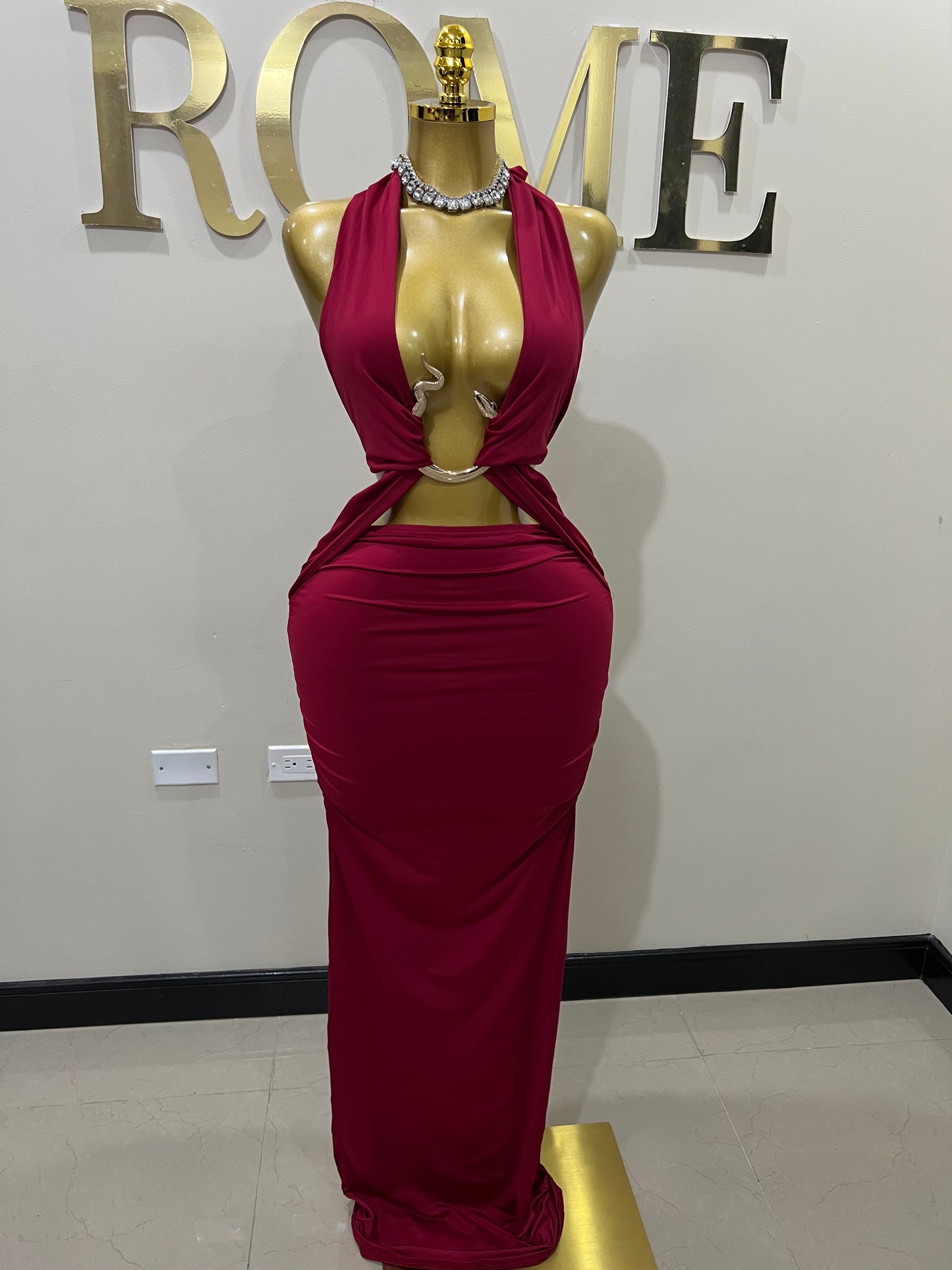 Snake Ming Deep V Dress (Burgundy)