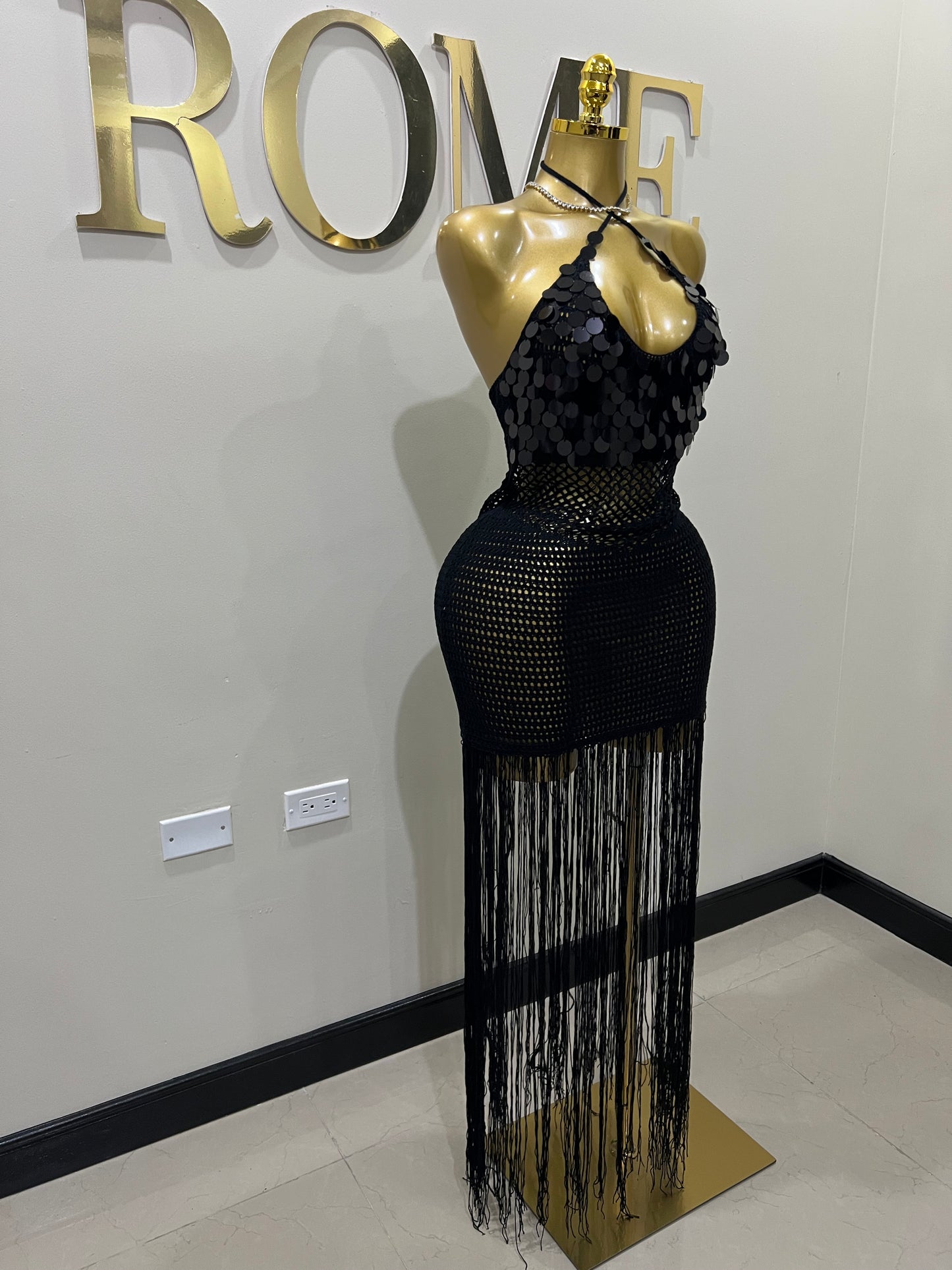 Destiny Sequin Crochet Fringe Dress (Black)