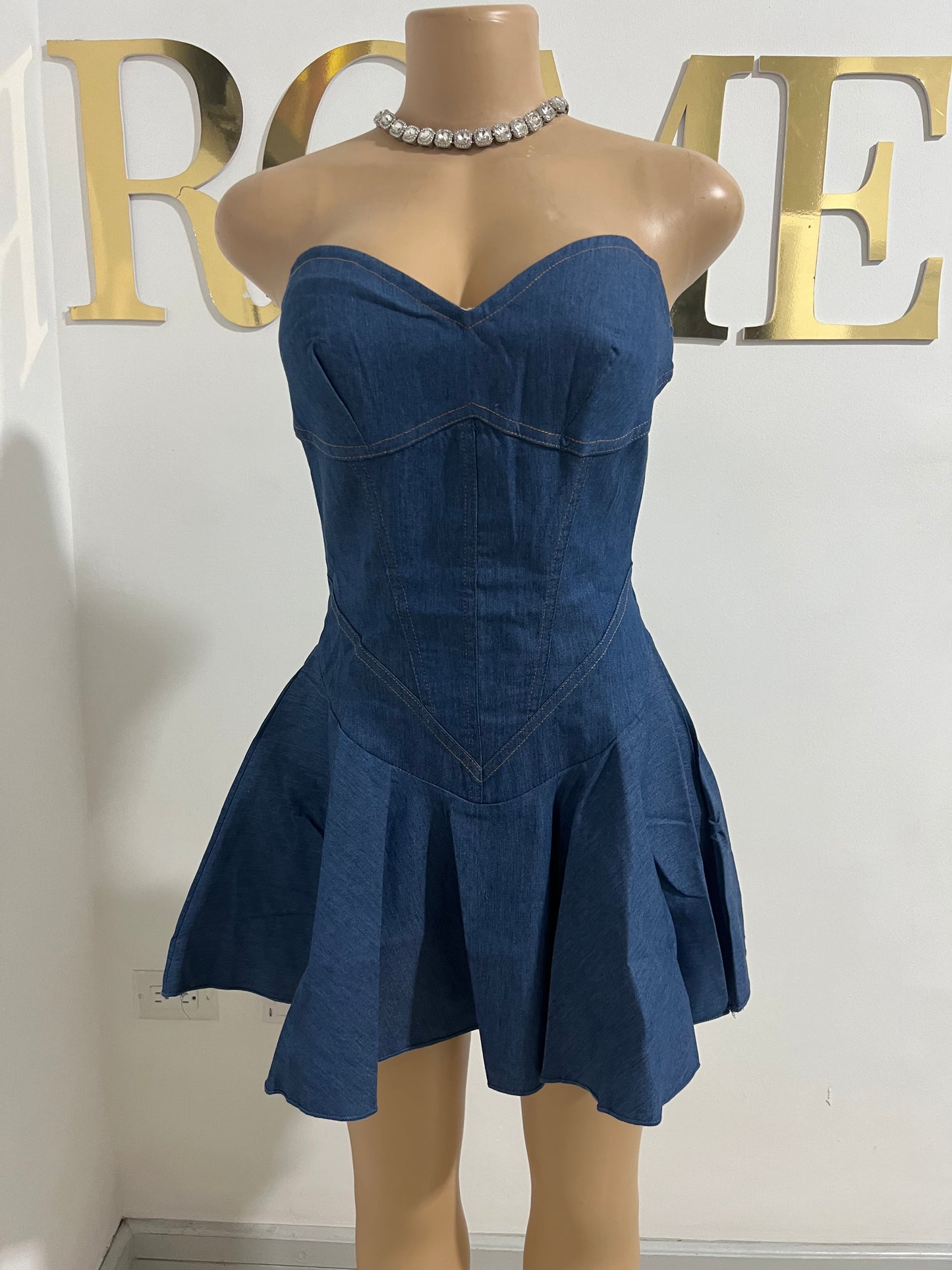 Denim Sweatheart Halter Dress (Blue)