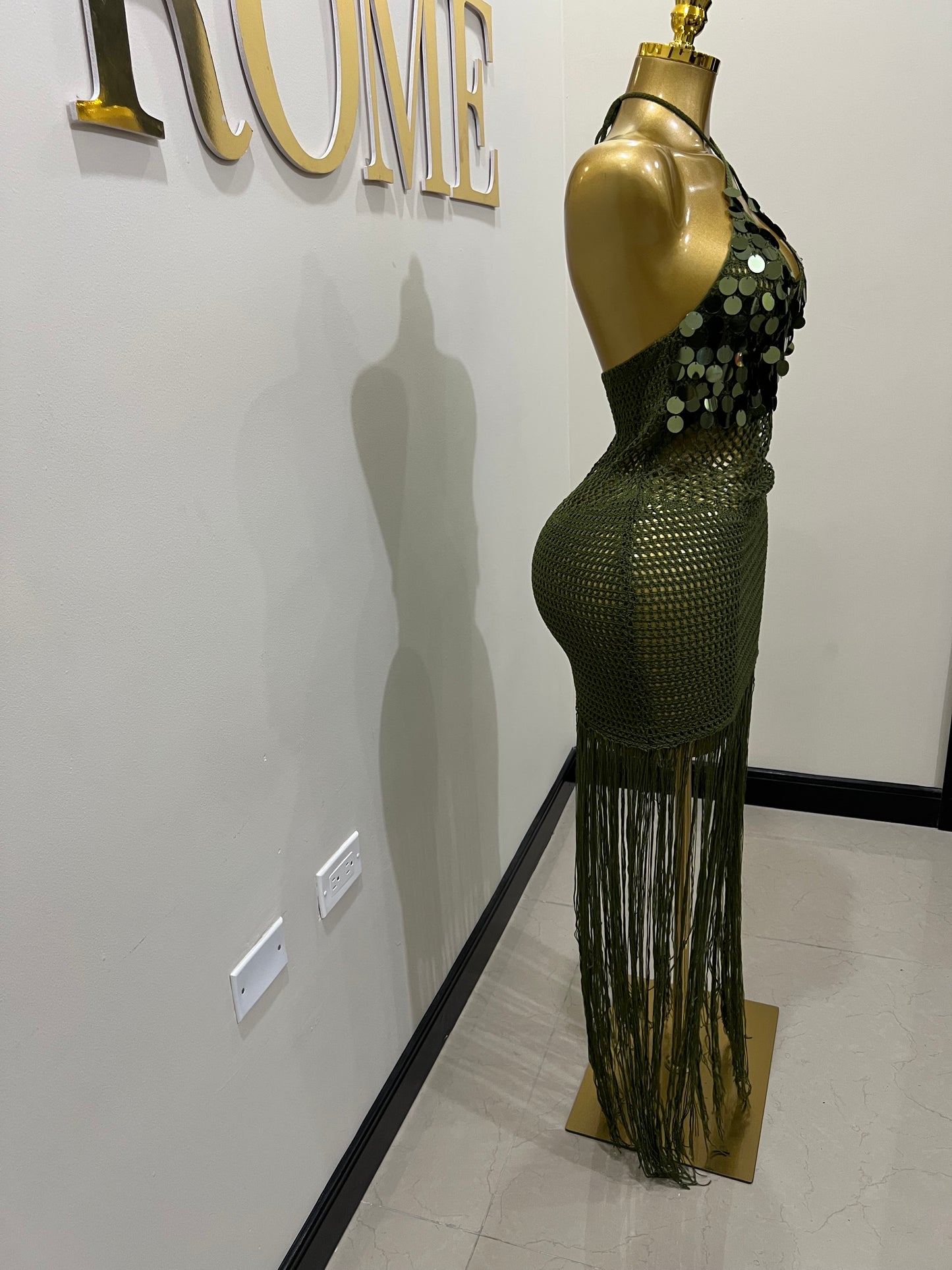 Destiny Sequin Crochet Fringe Dress (Green)
