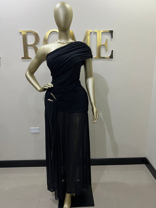 Nara Michelle Angle Mesh Split Dress (Black)