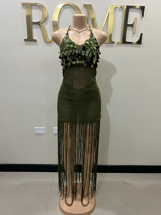 Destiny Sequin Crochet Fringe Dress (Green)