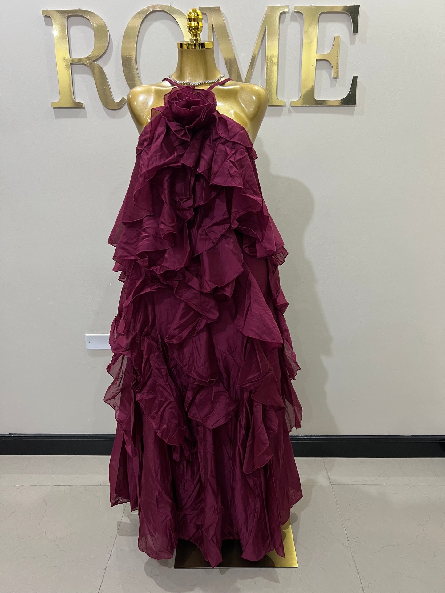 Rumi Chen Ruffle Long Dress (Burgundy)