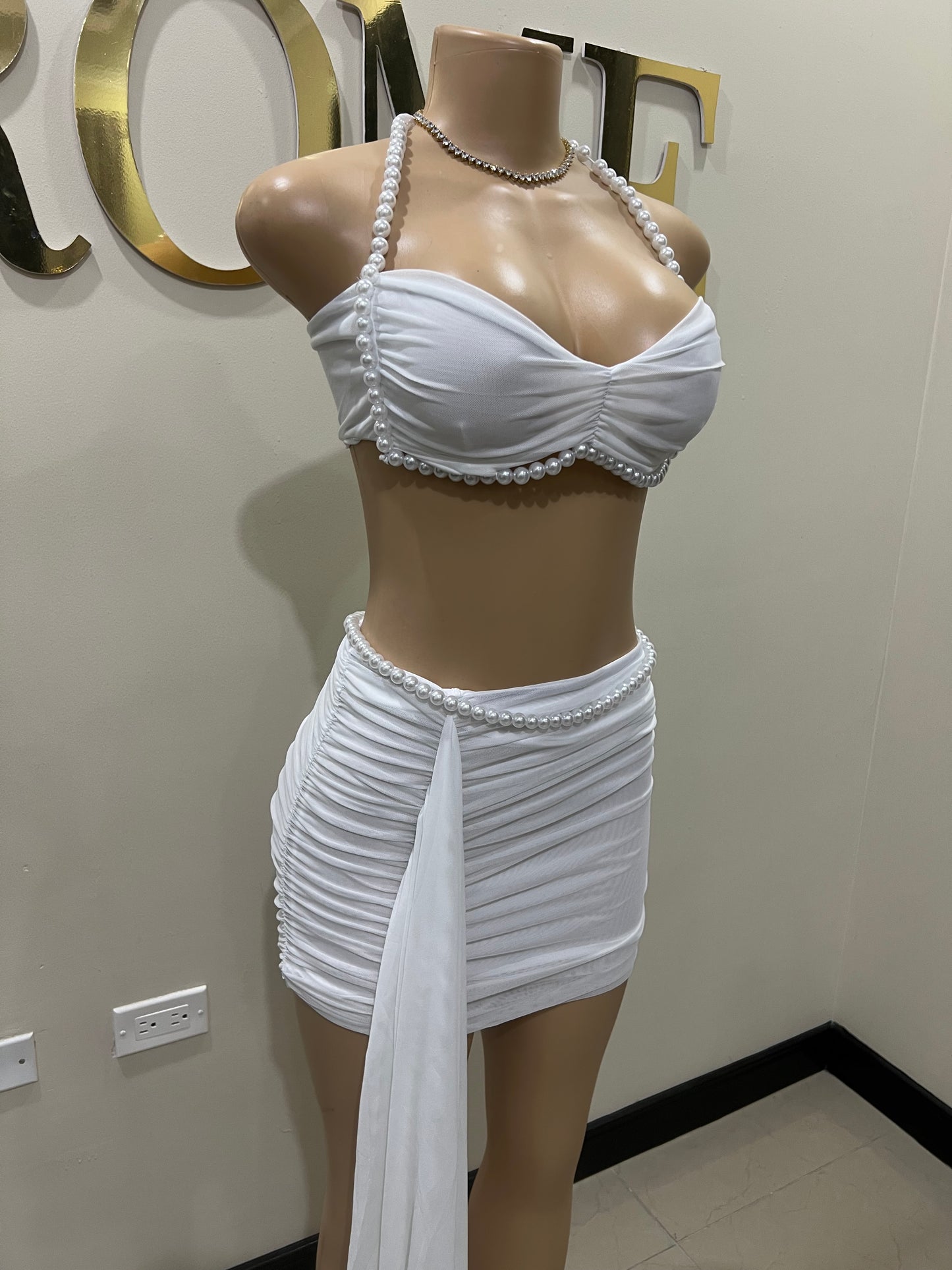 Emma Pearl Mesh Mini Allegra Skirt Set (White)
