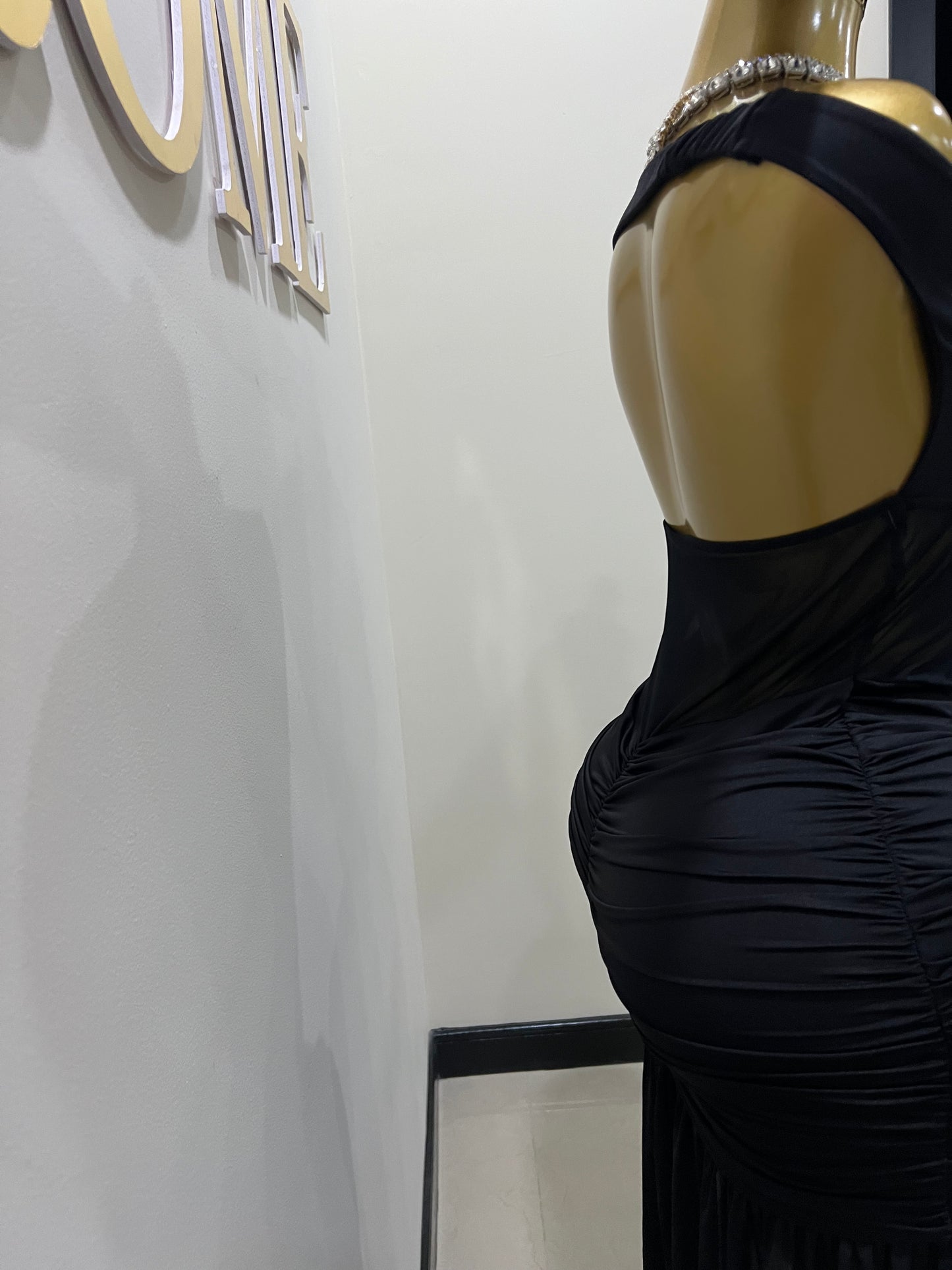 Off Shoulder Nara Split Dress with Scarf (Black)