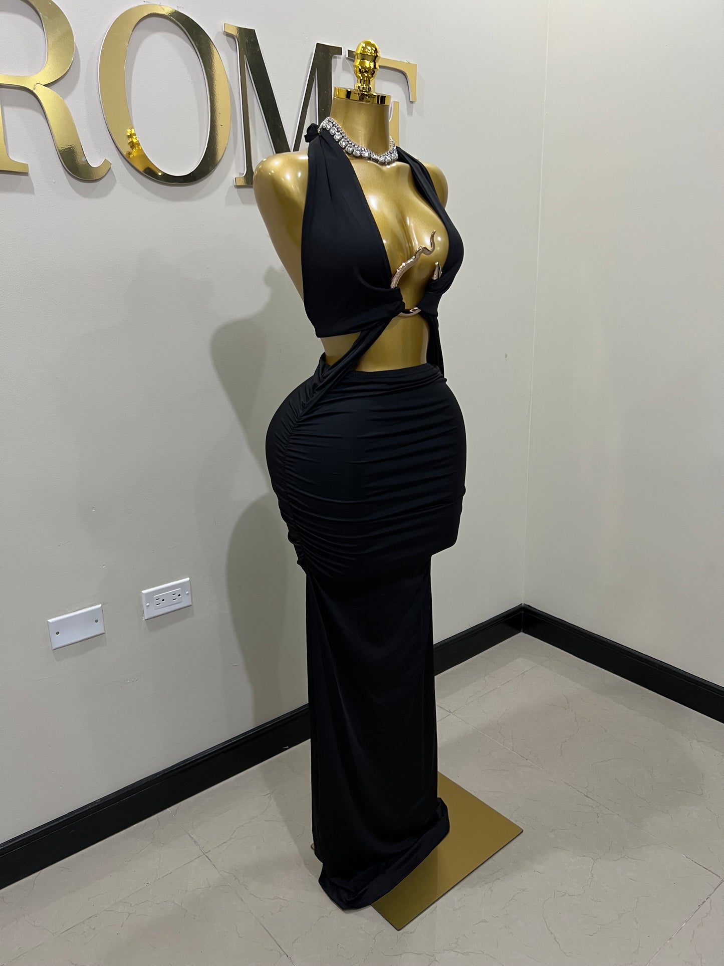 Snake Ming Deep V Dress (Black)