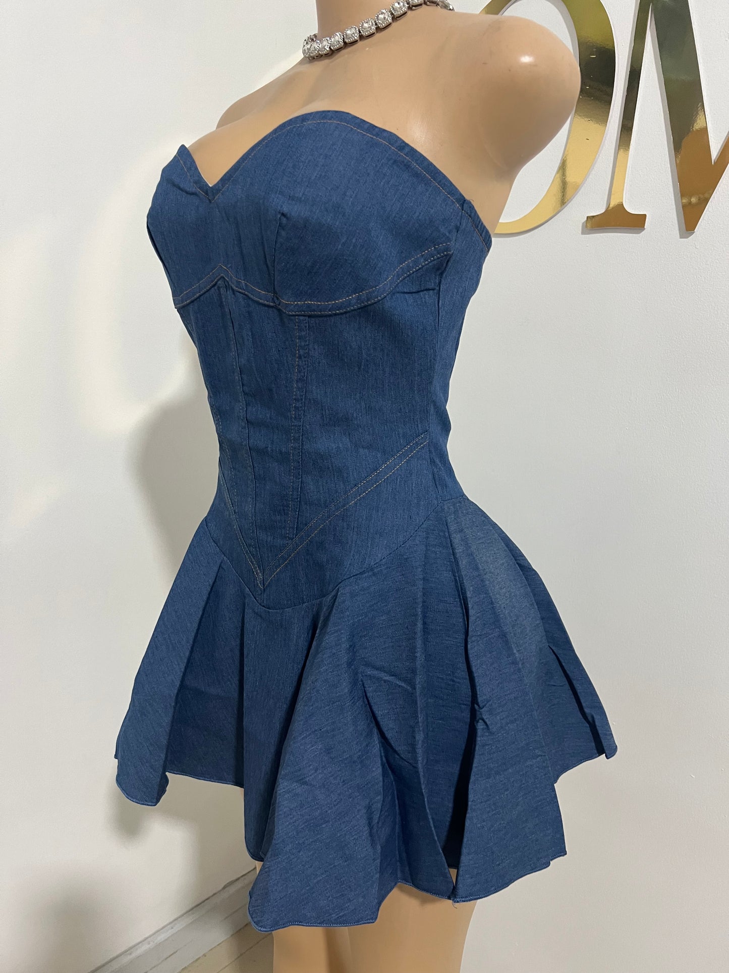 Denim Sweatheart Halter Dress (Blue)