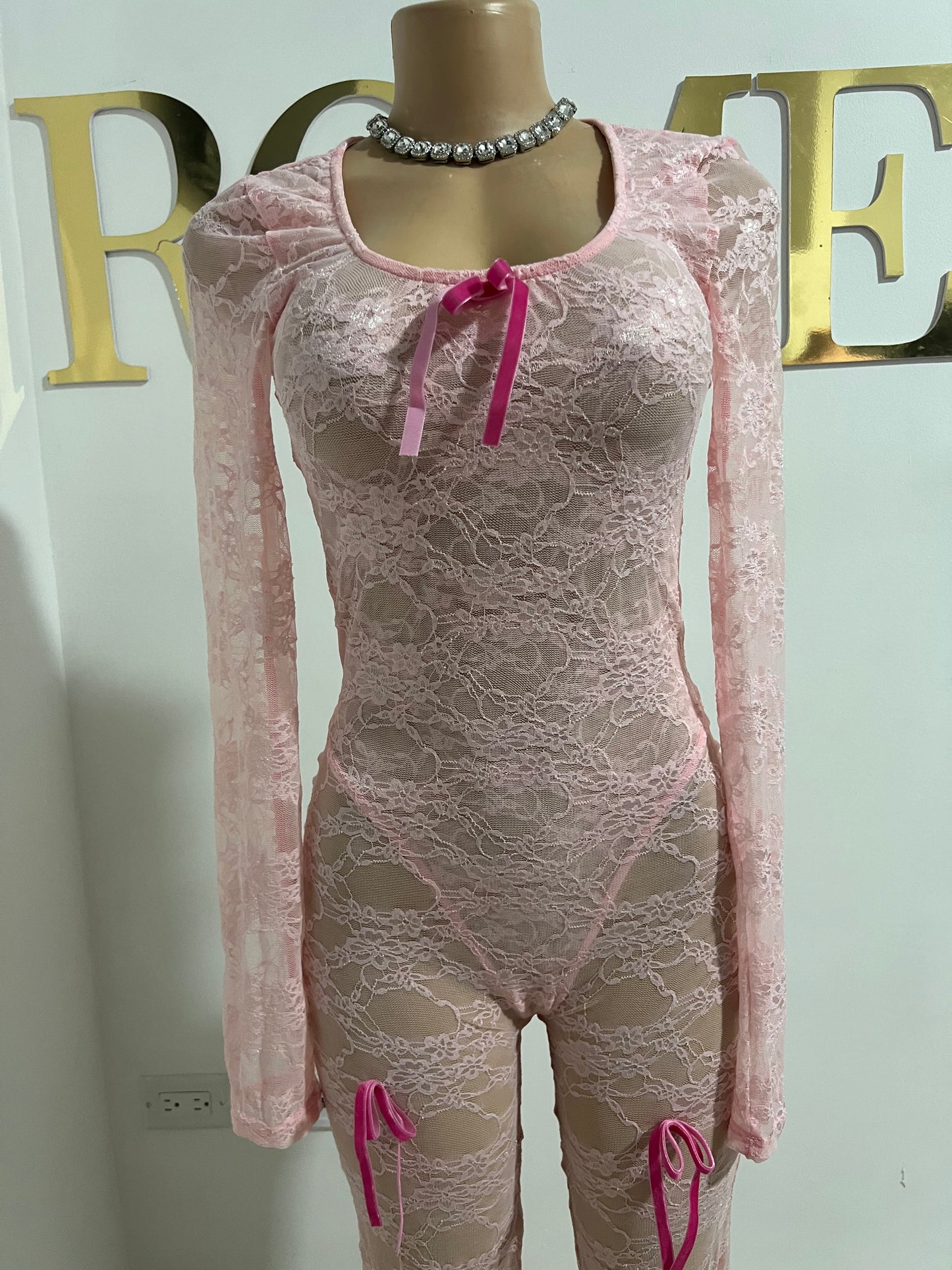 Lacey Bow Mesh Tights Jumpsuit (Pink)