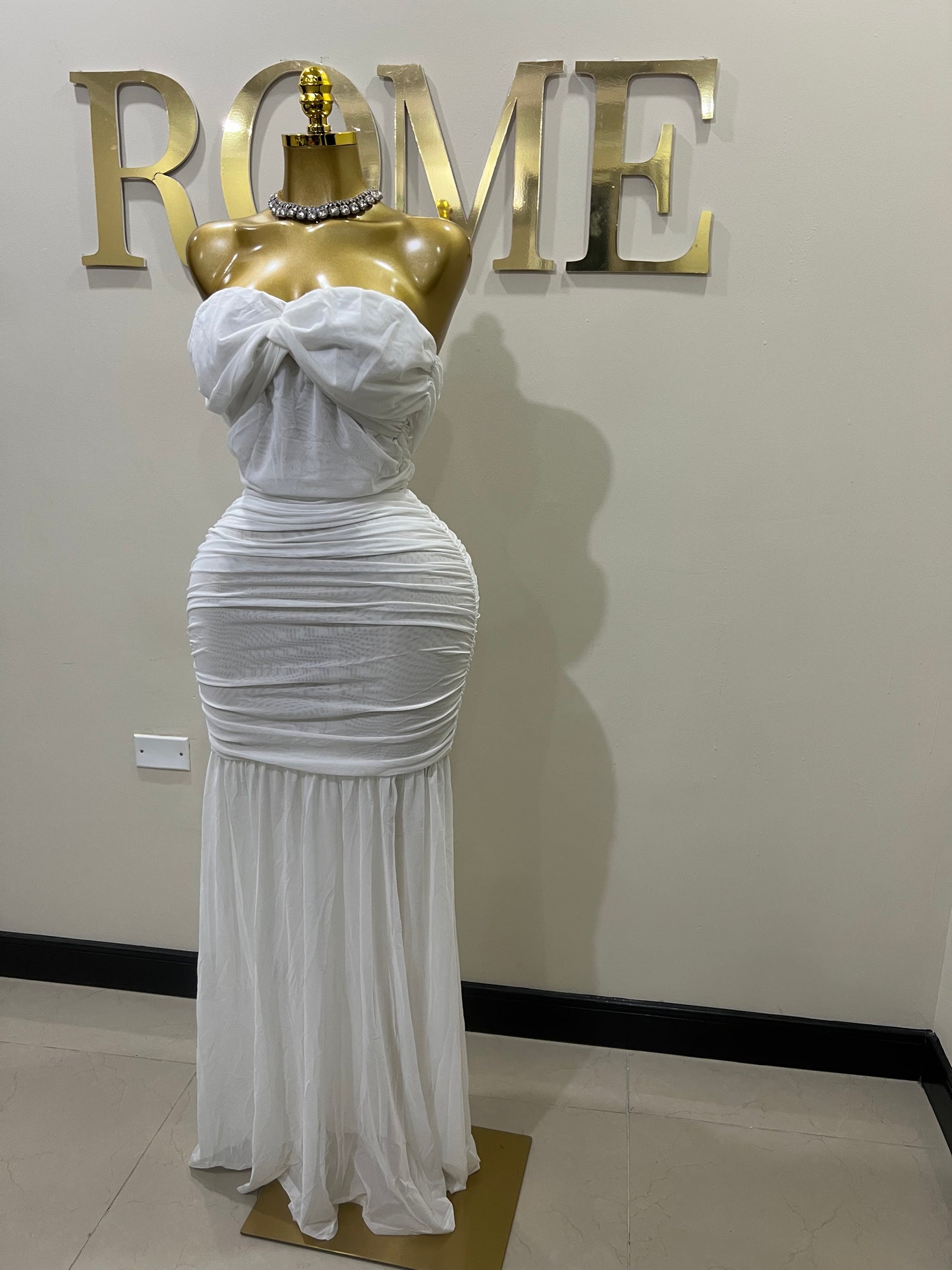Sophie Off Shoulder Mesh Dress (White)