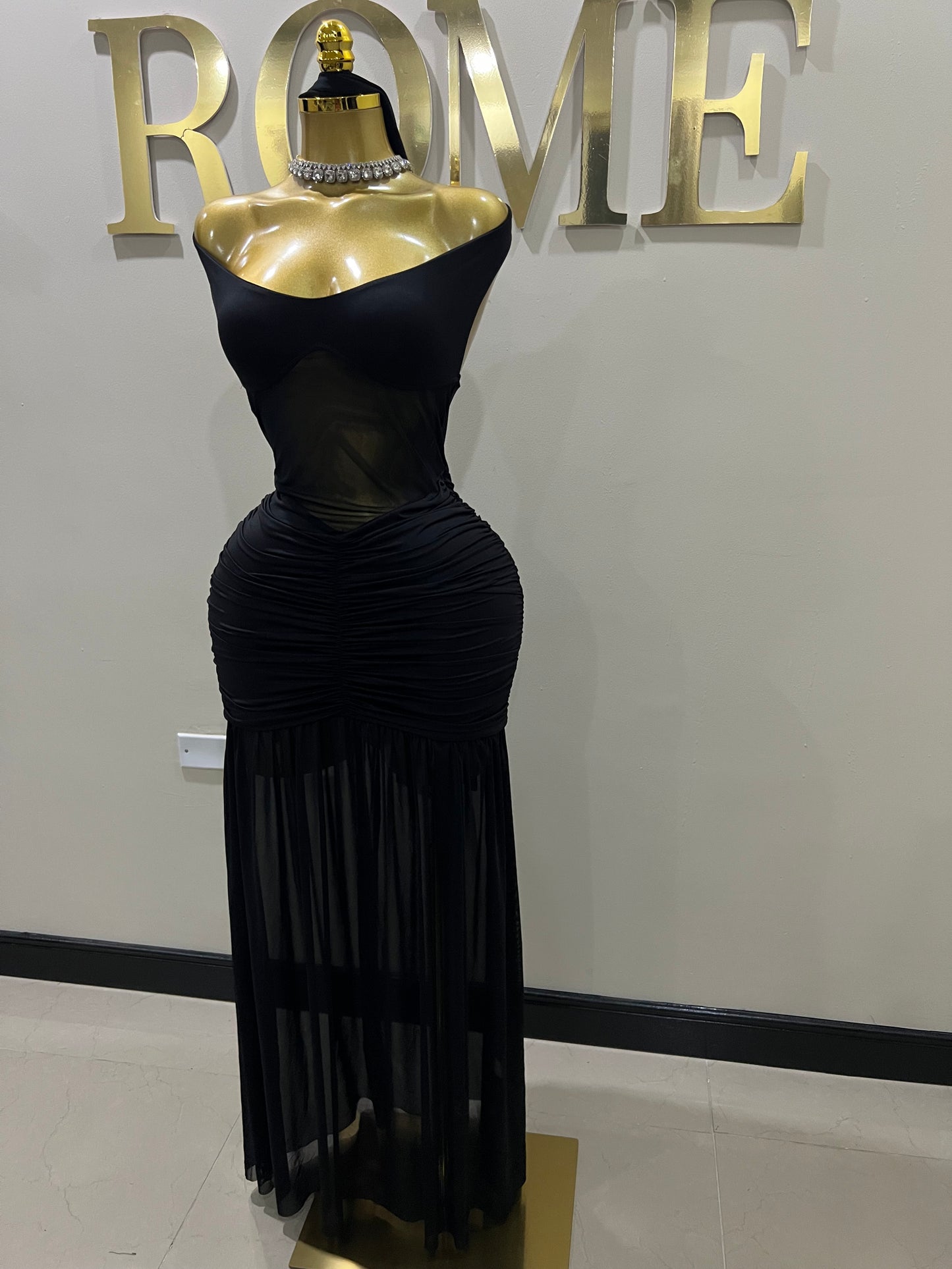 Off Shoulder Nara Split Dress with Scarf (Black)