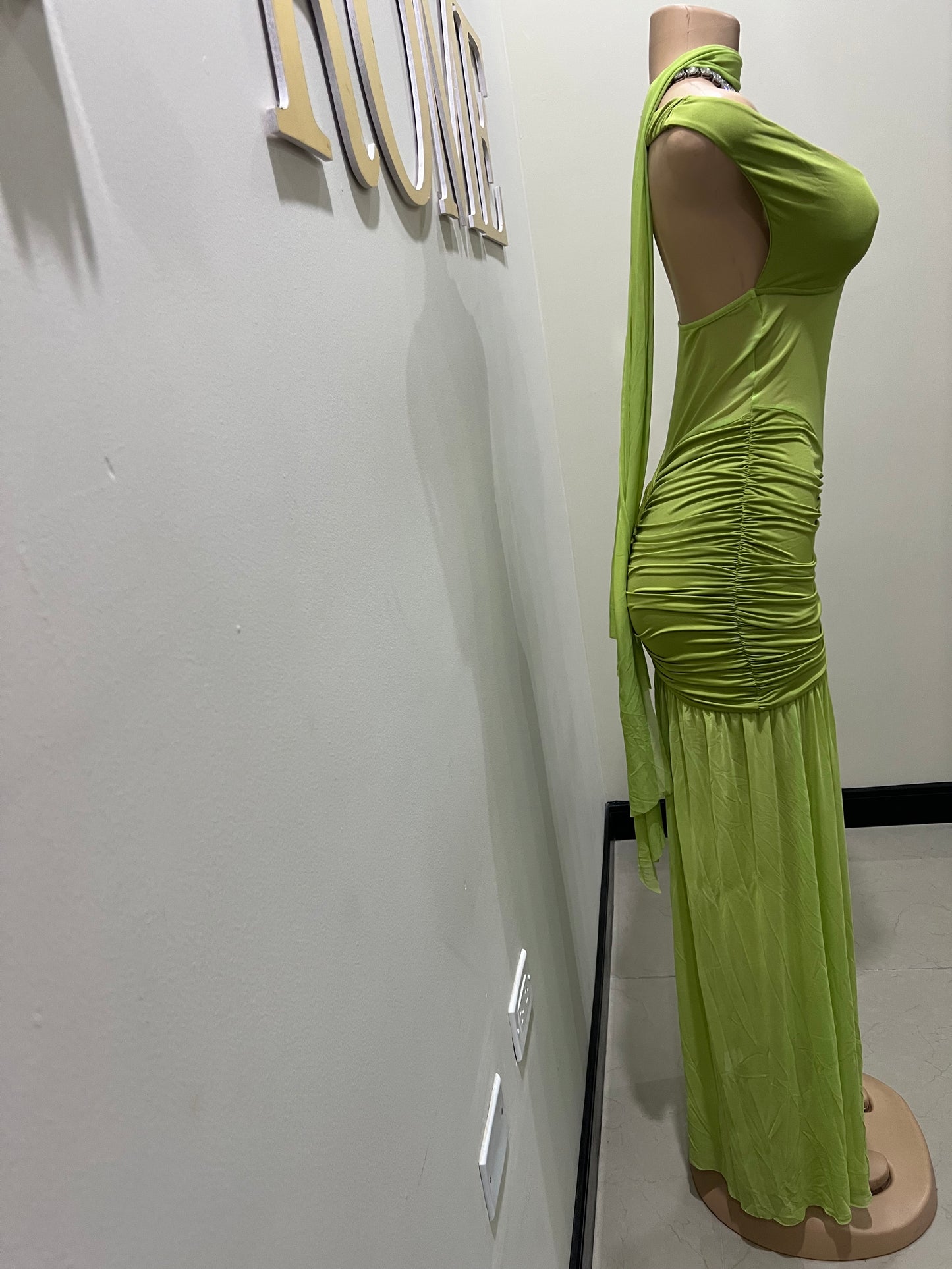 Off Shoulder Nara Split Dress with Scarf (Green)