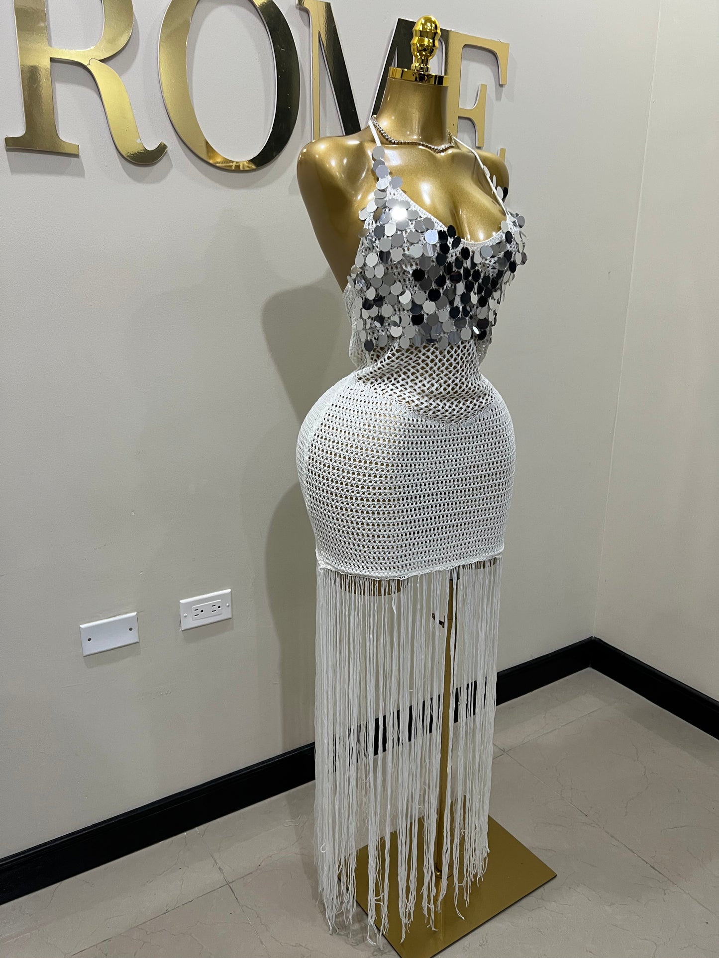 Destiny Sequin Crochet Fringe Dress (White)