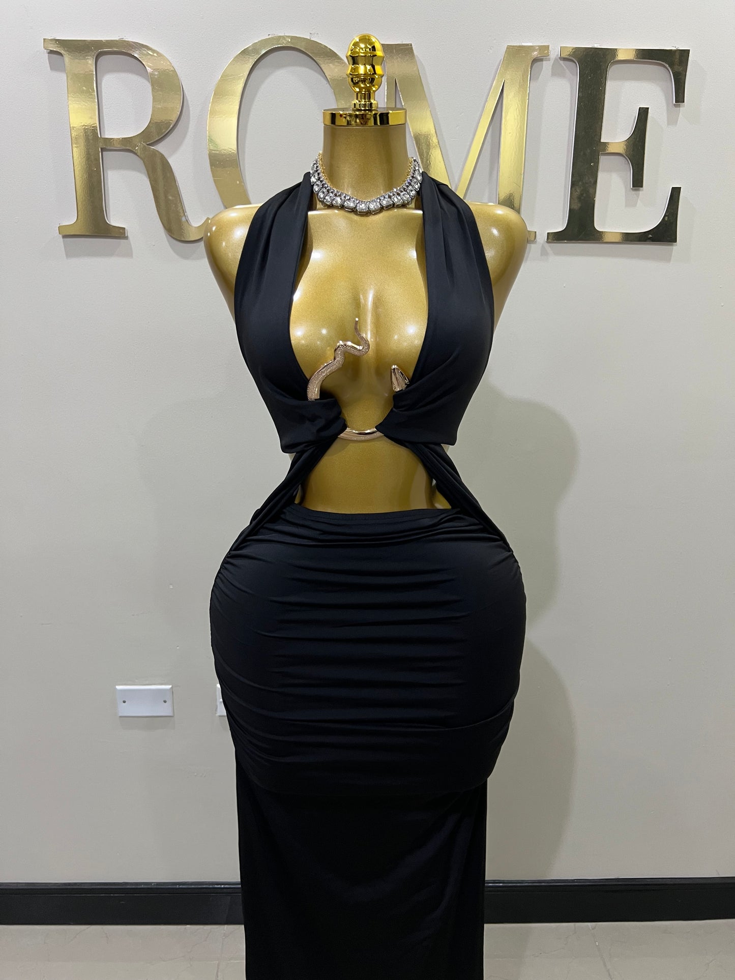 Snake Ming Deep V Dress (Black)