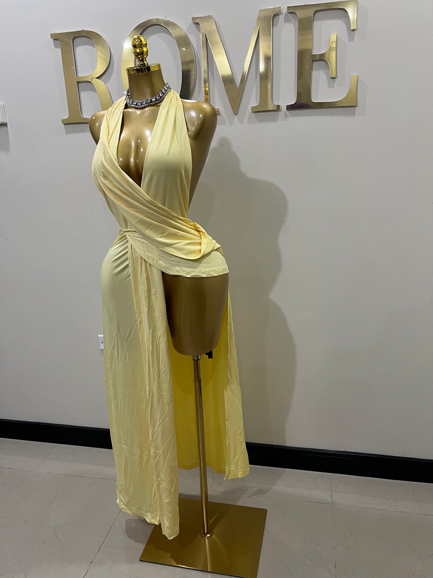 Deep V Rouched Dress (Yellow)