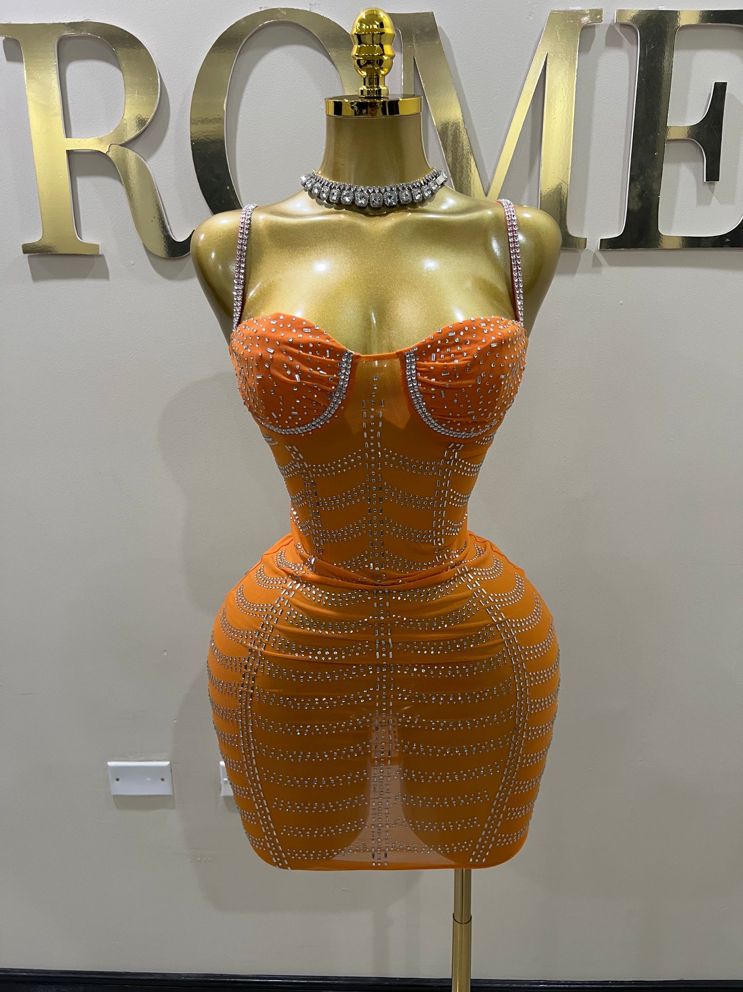 Starburst Crystal Mesh Dress (Orange)