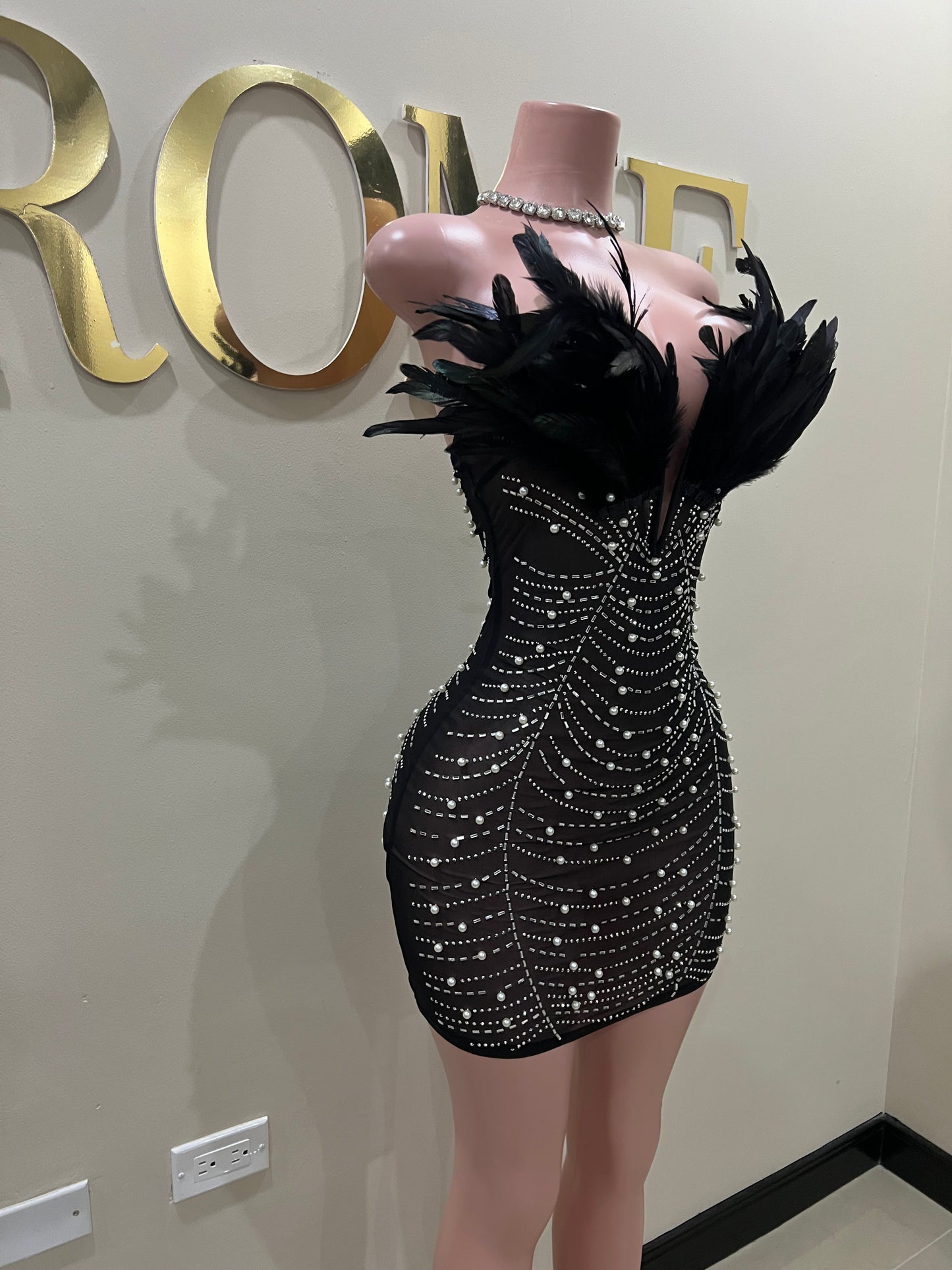 Elle Feather Crystal Dress (Black)