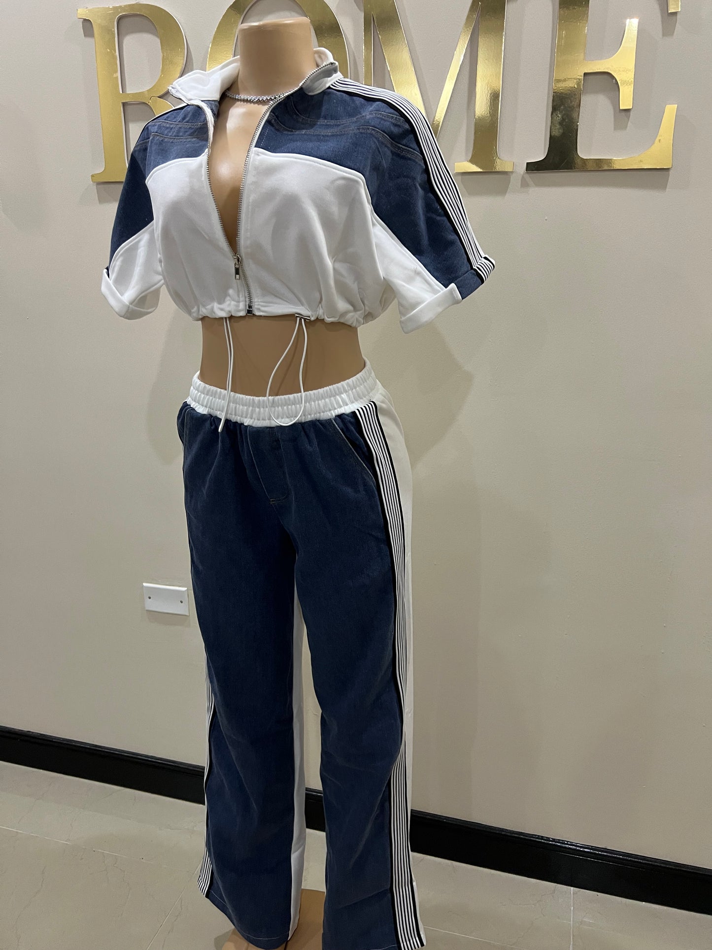 Cleo Side Stripe Denim Pants Set (White)