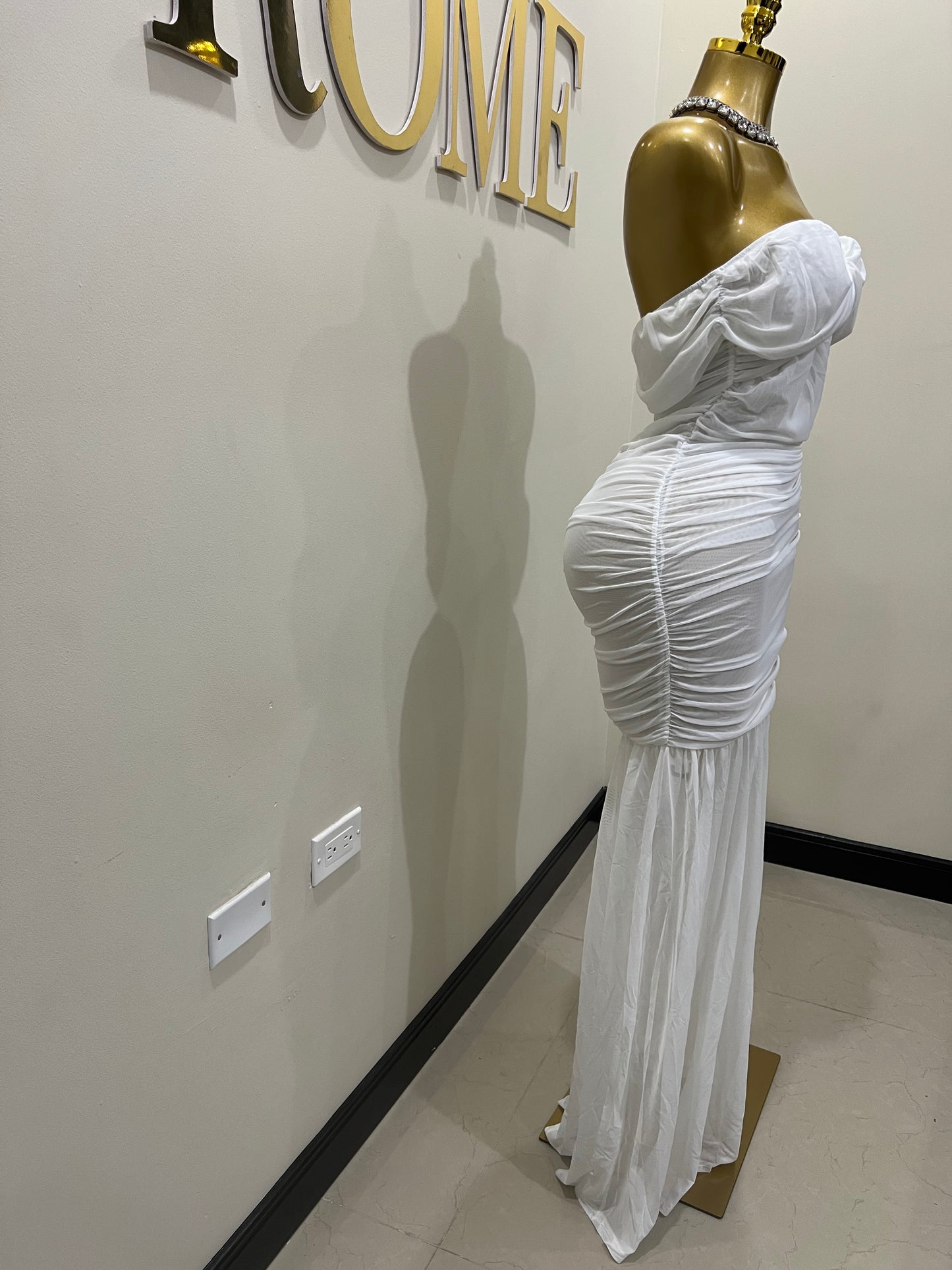 Sophie Off Shoulder Mesh Dress (White)