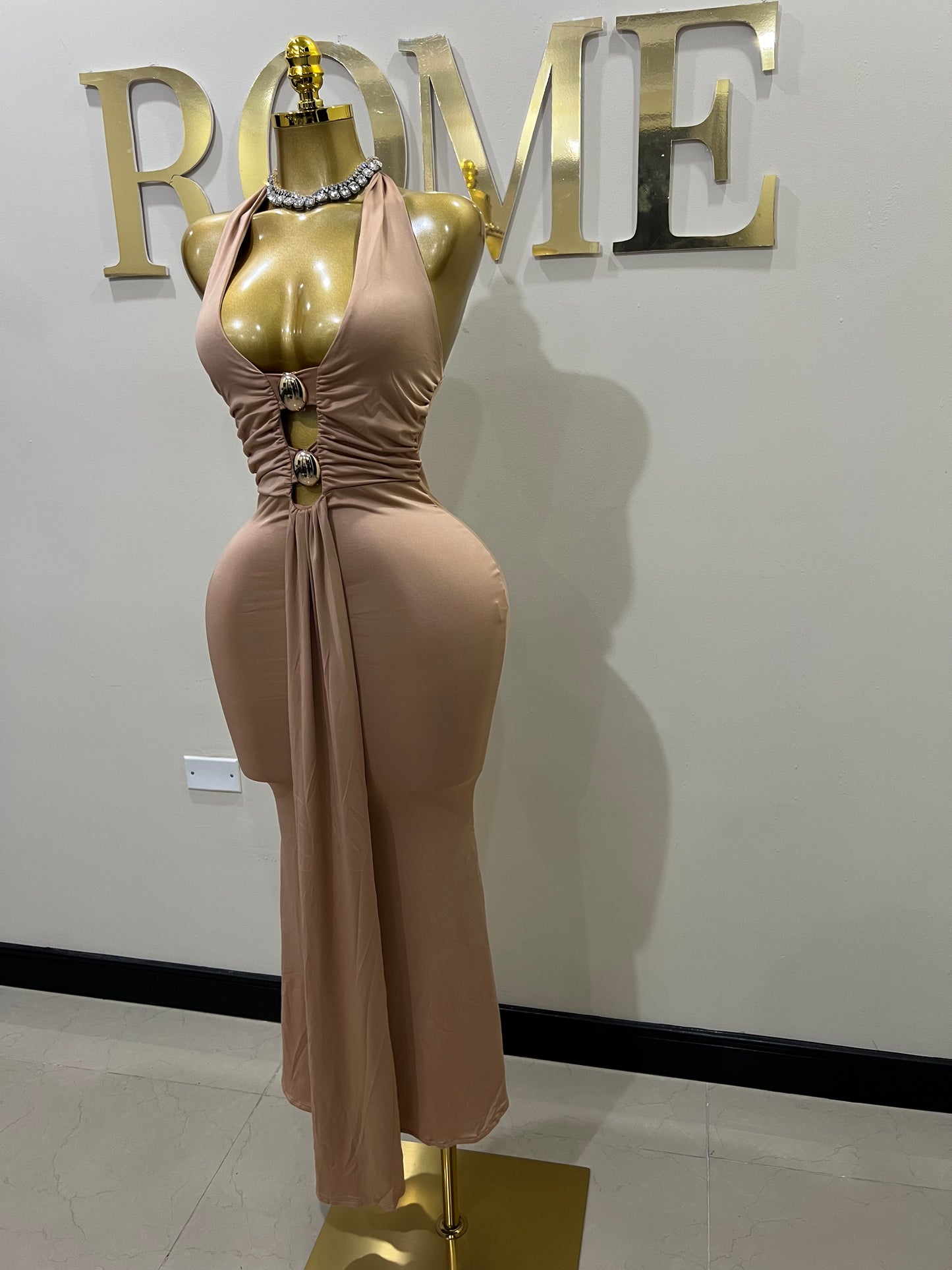 Chinelle Nara Vibe Halter Button Dress (Brown)