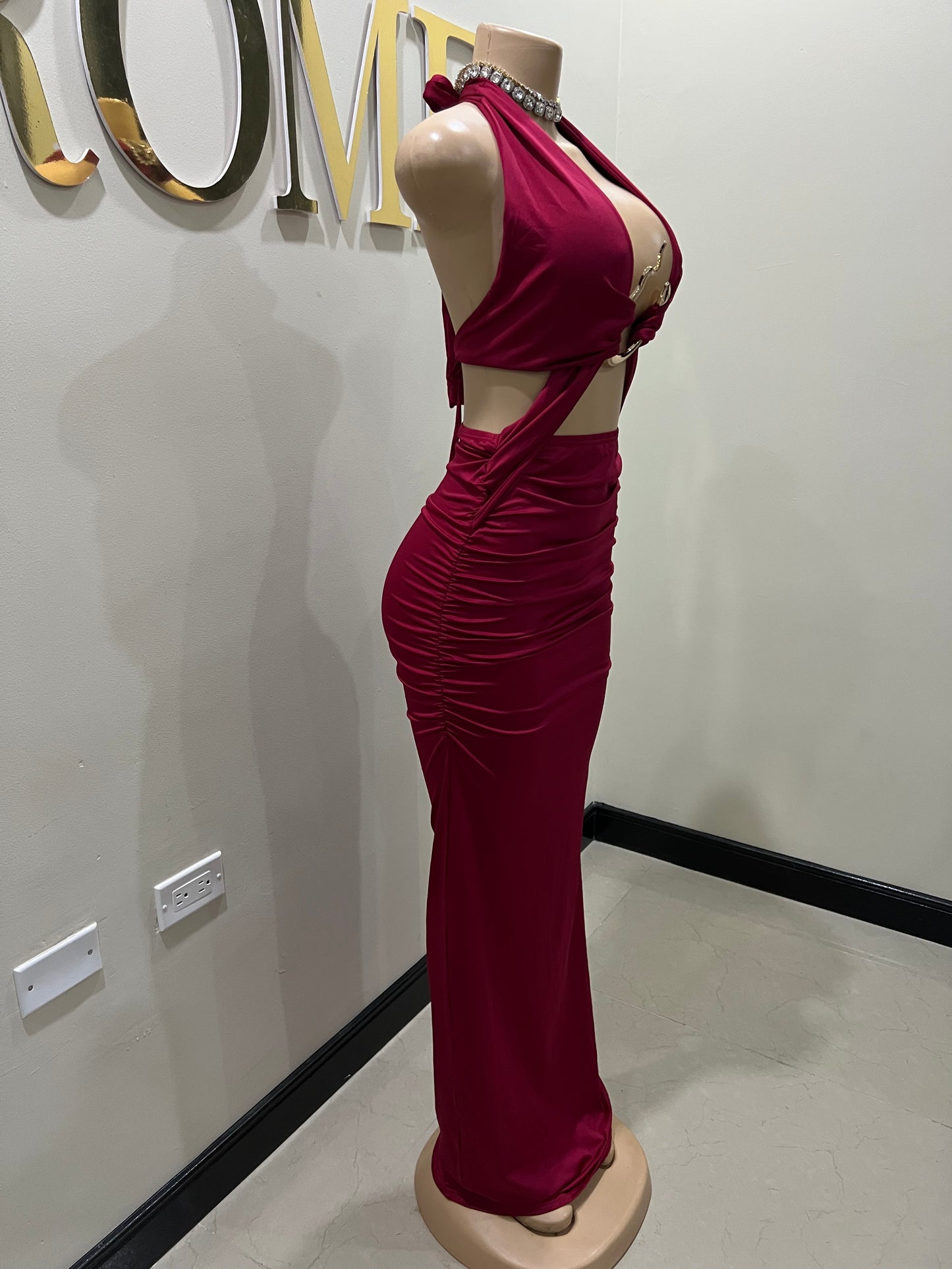 Snake Ming Deep V Dress (Burgundy)
