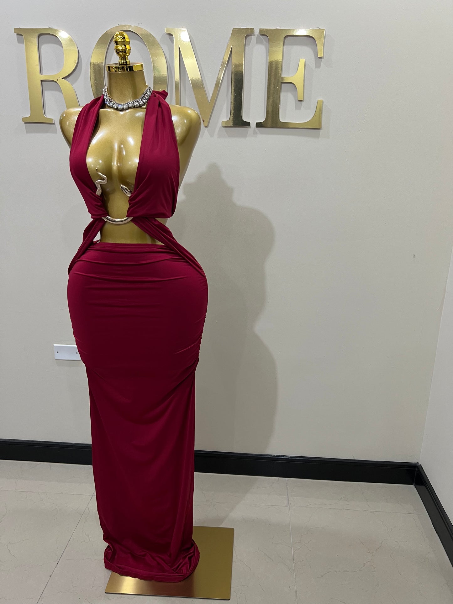 Snake Ming Deep V Dress (Burgundy)