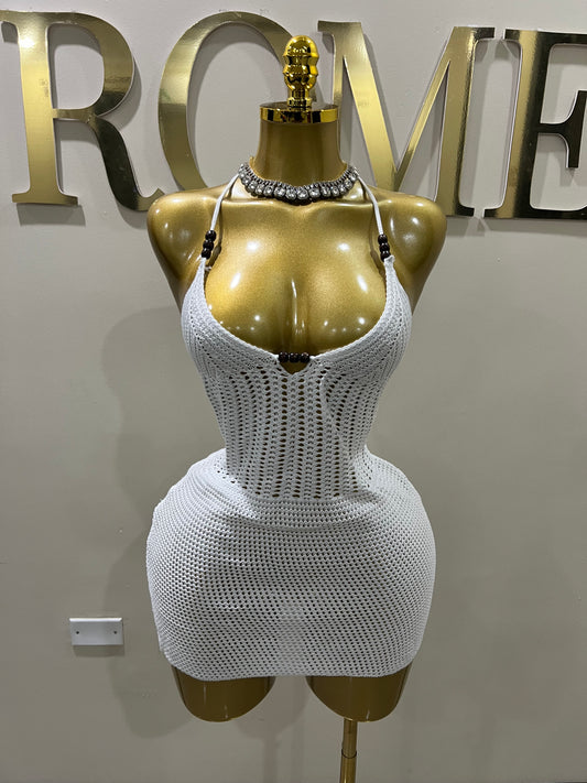 Nia Beaded Crochet Dress (White)