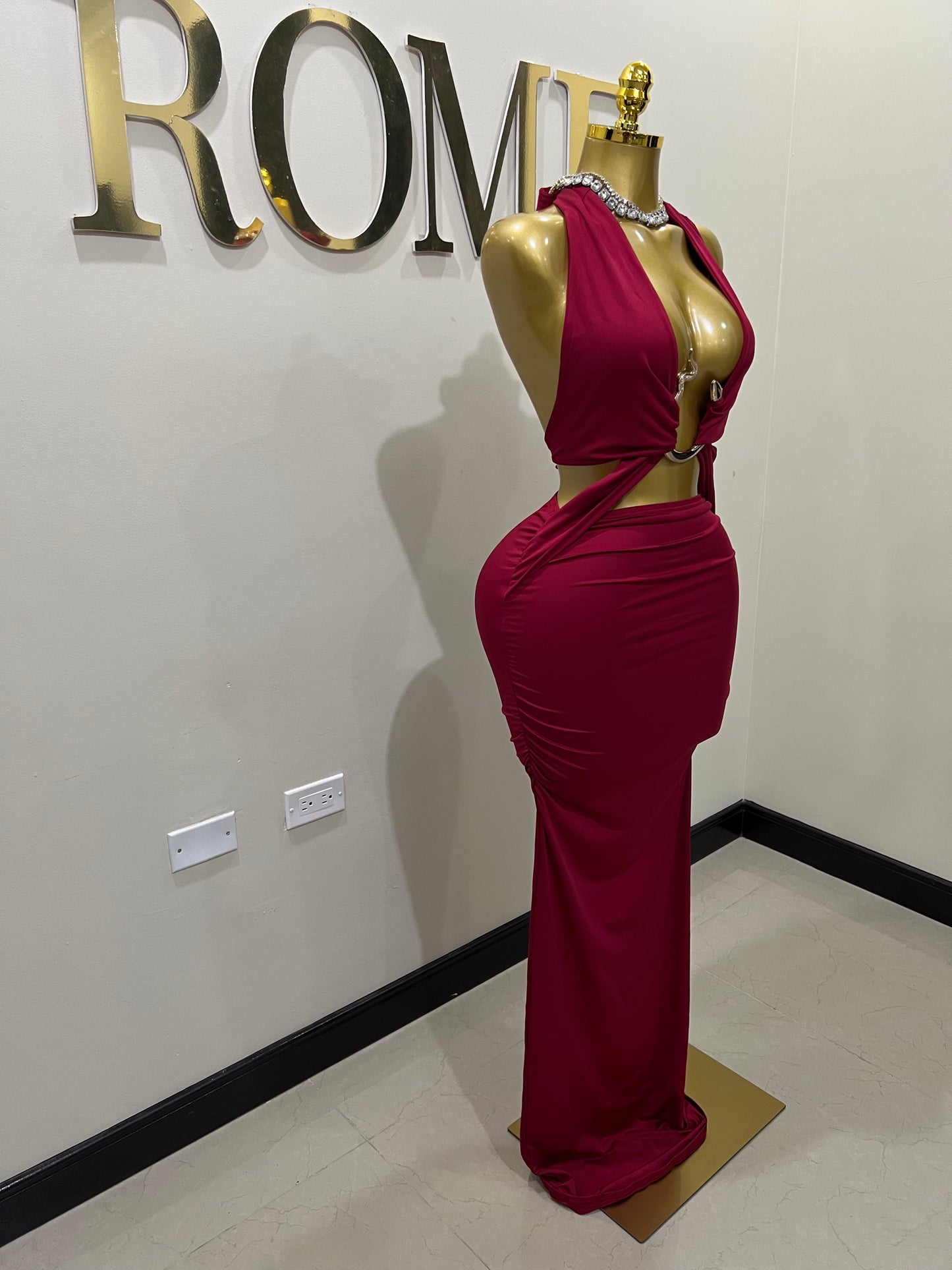 Snake Ming Deep V Dress (Burgundy)