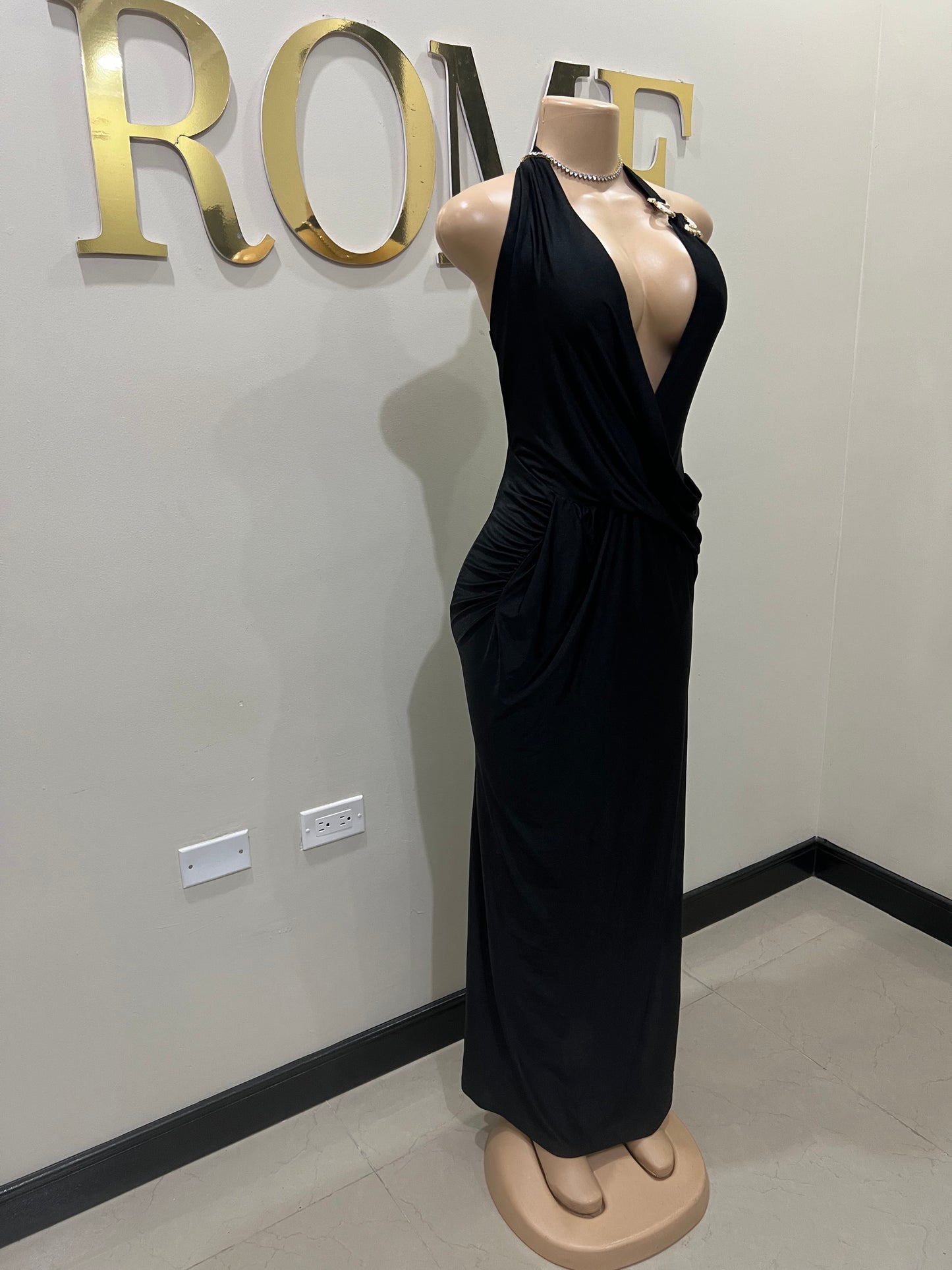 Snake Deep V Rouched Dress (Black)