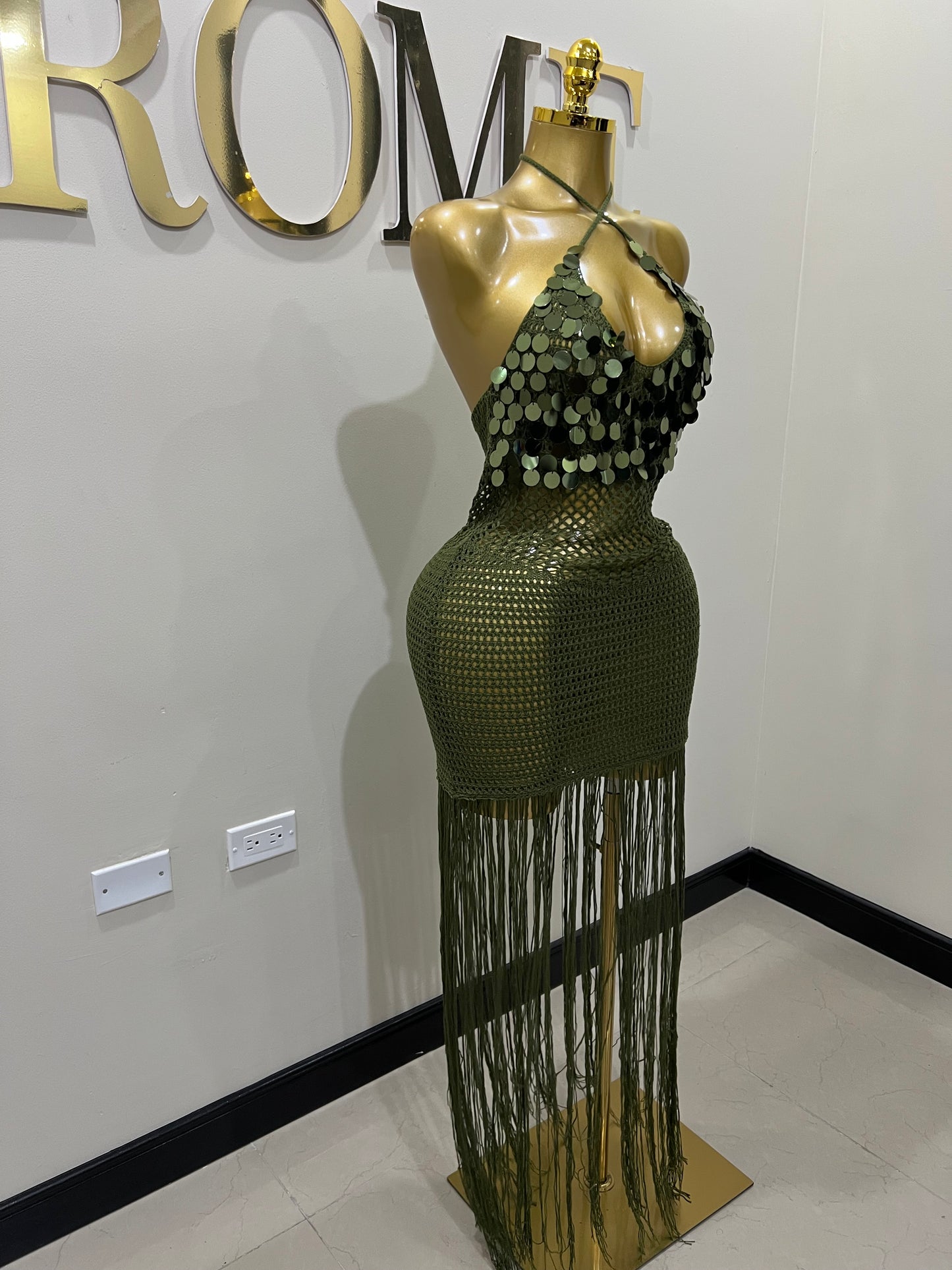 Destiny Sequin Crochet Fringe Dress (Green)