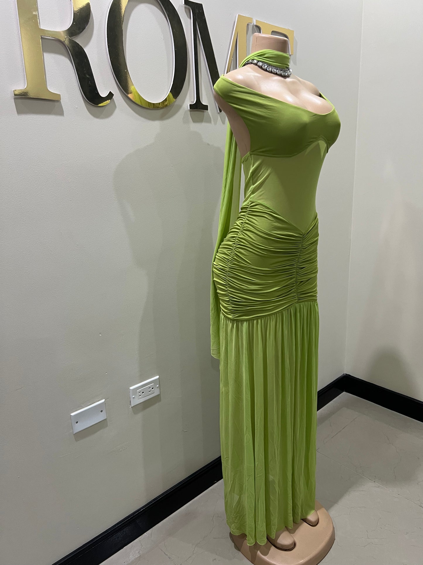 Off Shoulder Nara Split Dress with Scarf (Green)