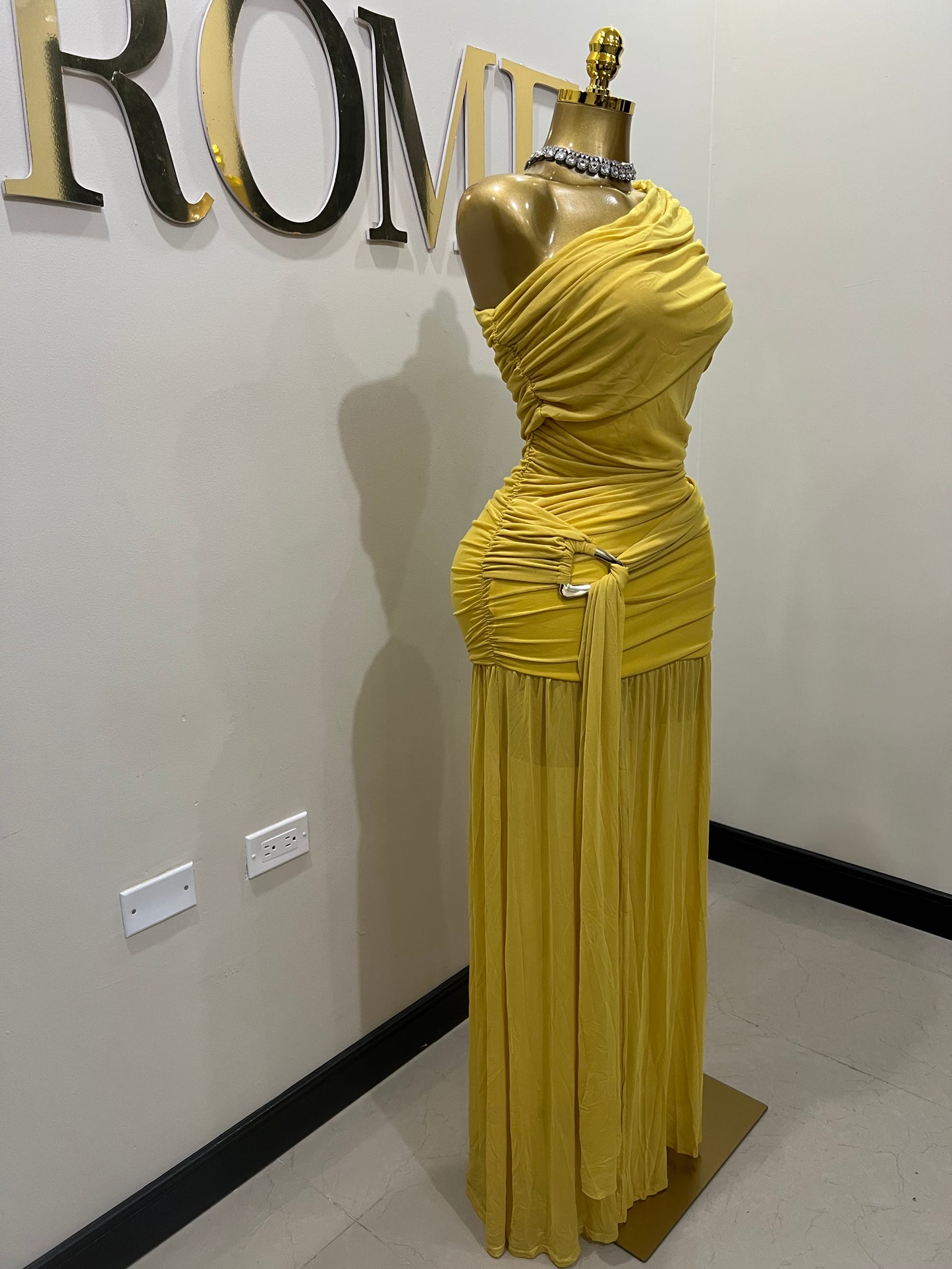 Nara Michelle Angle Mesh Split Dress (Yellow)