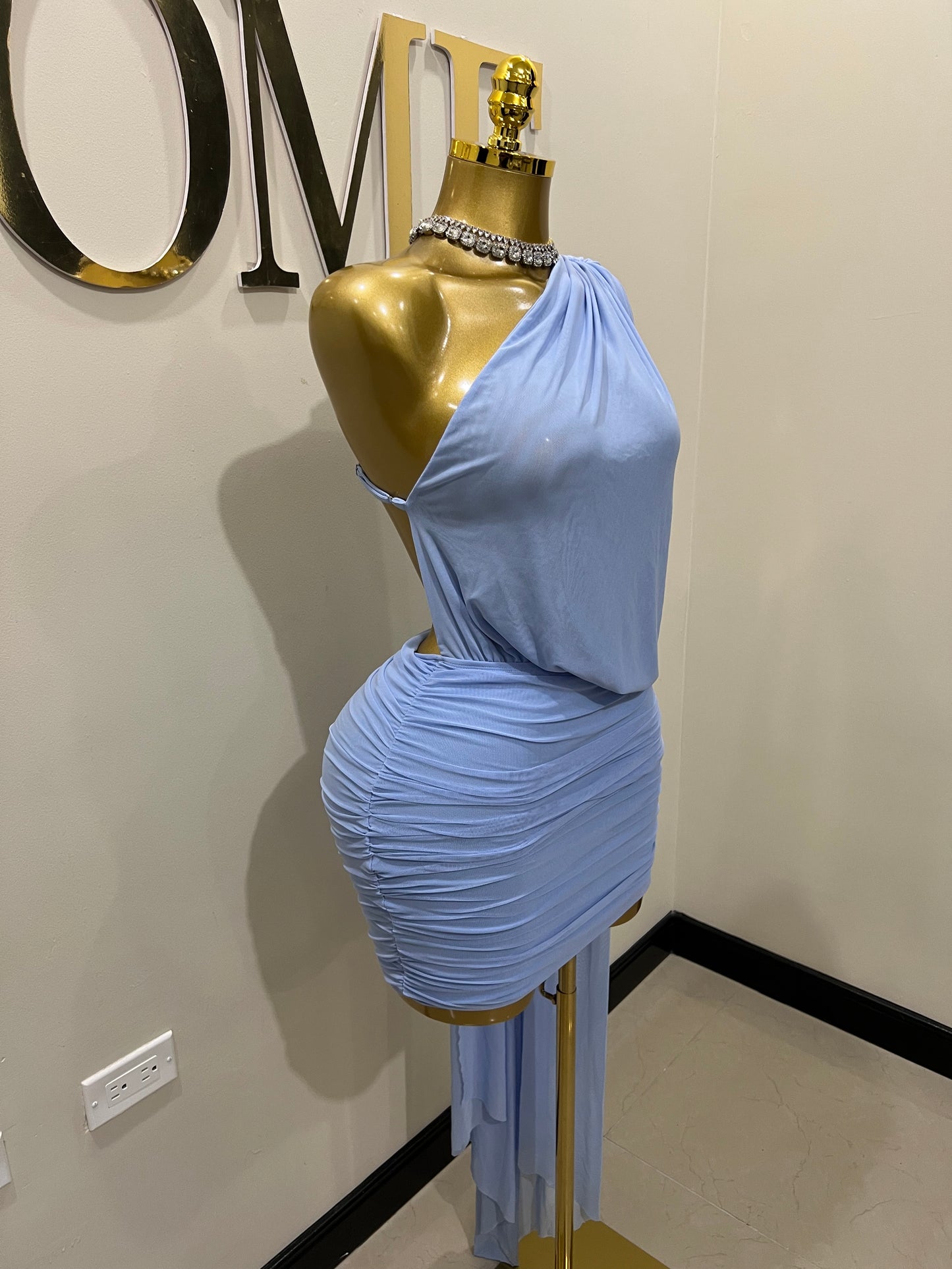 Michelle Backless Allegra Mesh Dress (Blue)
