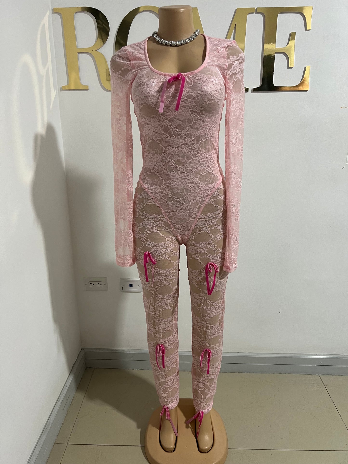 Lacey Bow Mesh Tights Jumpsuit (Pink)