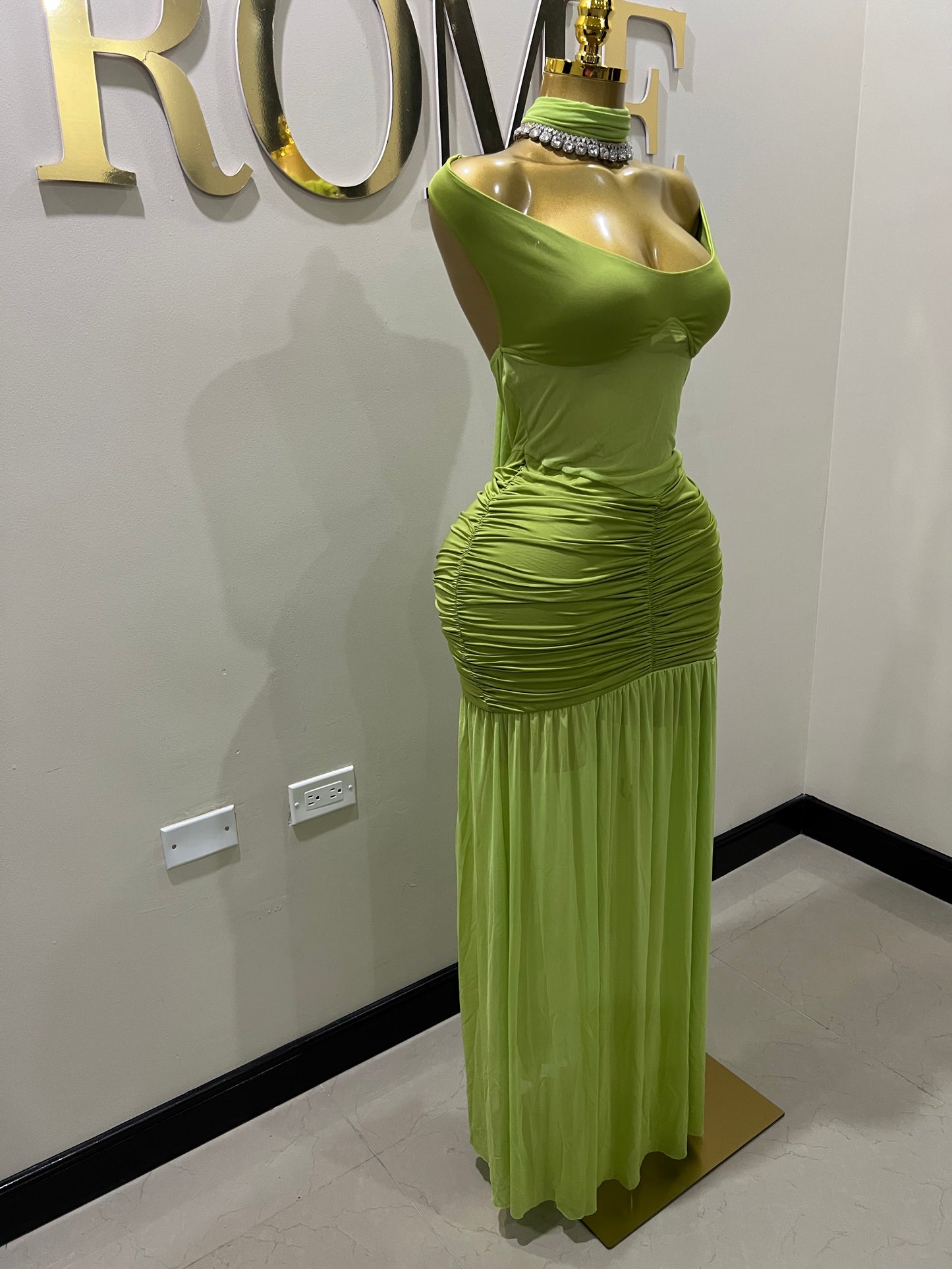 Off Shoulder Nara Split Dress with Scarf (Green)