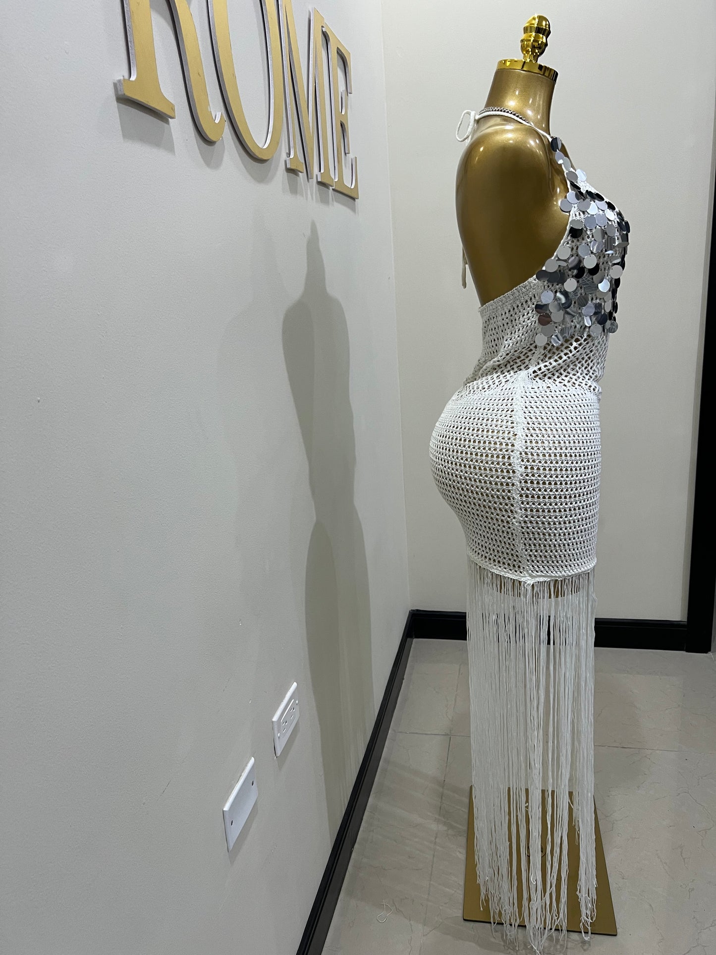 Destiny Sequin Crochet Fringe Dress (White)