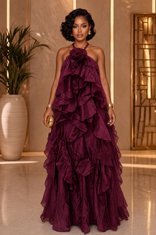 Rumi Chen Ruffle Long Dress (Burgundy)