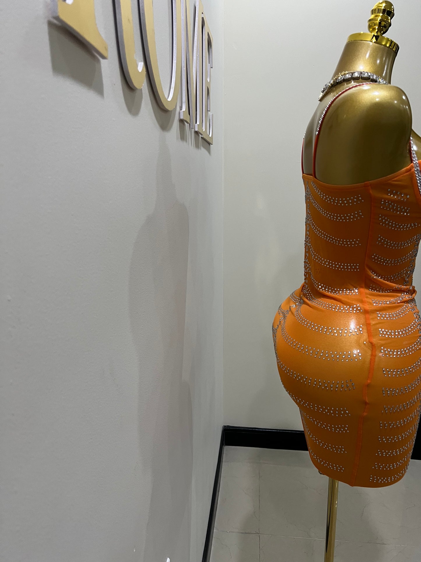 Starburst Crystal Mesh Dress (Orange)