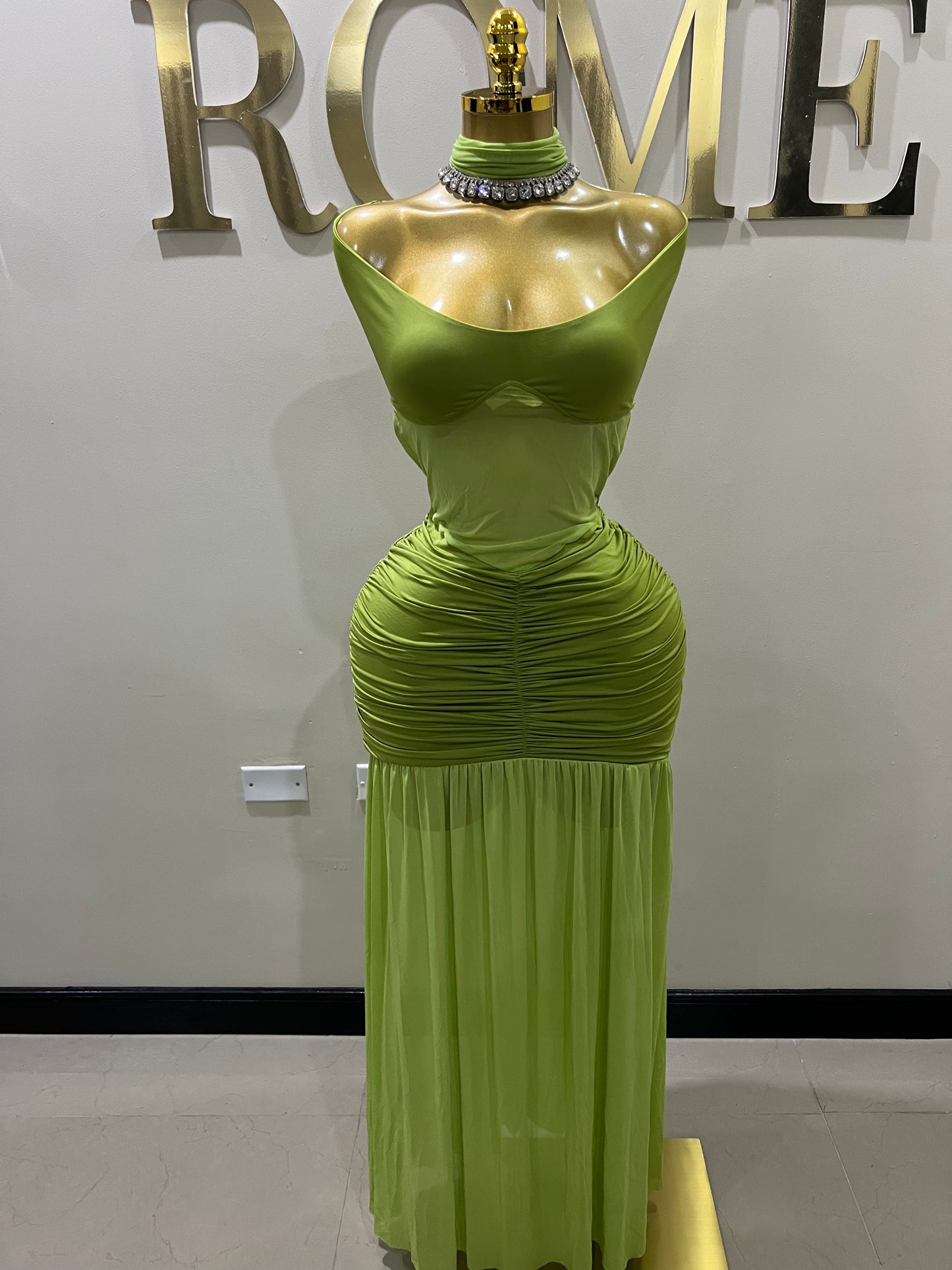 Off Shoulder Nara Split Dress with Scarf (Green)