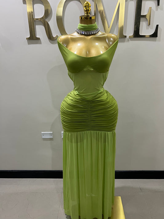 Off Shoulder Nara Split Dress with Scarf (Green)