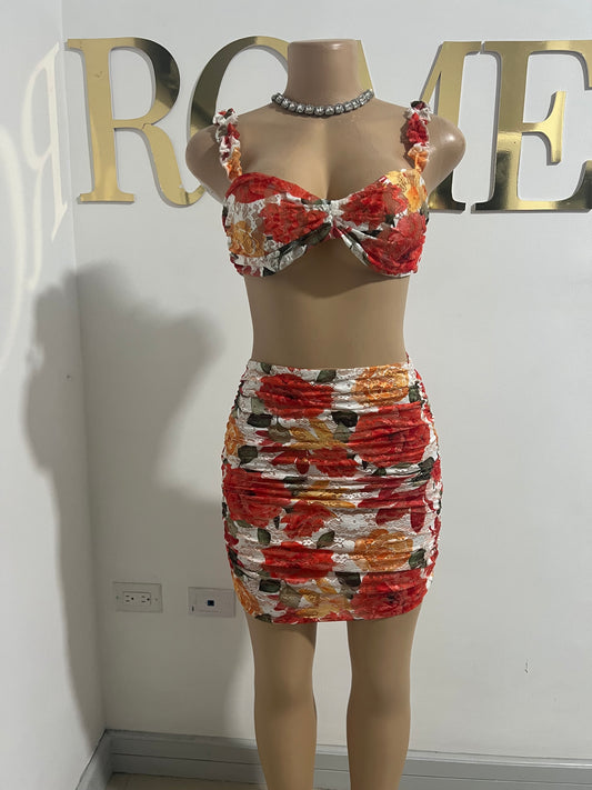 Summer Floral Short Skirt Set (Orange)